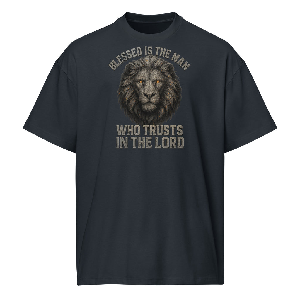 Navy men’s box tee with Lion of Judah graphic and text “Blessed Is the Man Who Trusts in the Lord” from Jeremiah 17:7.