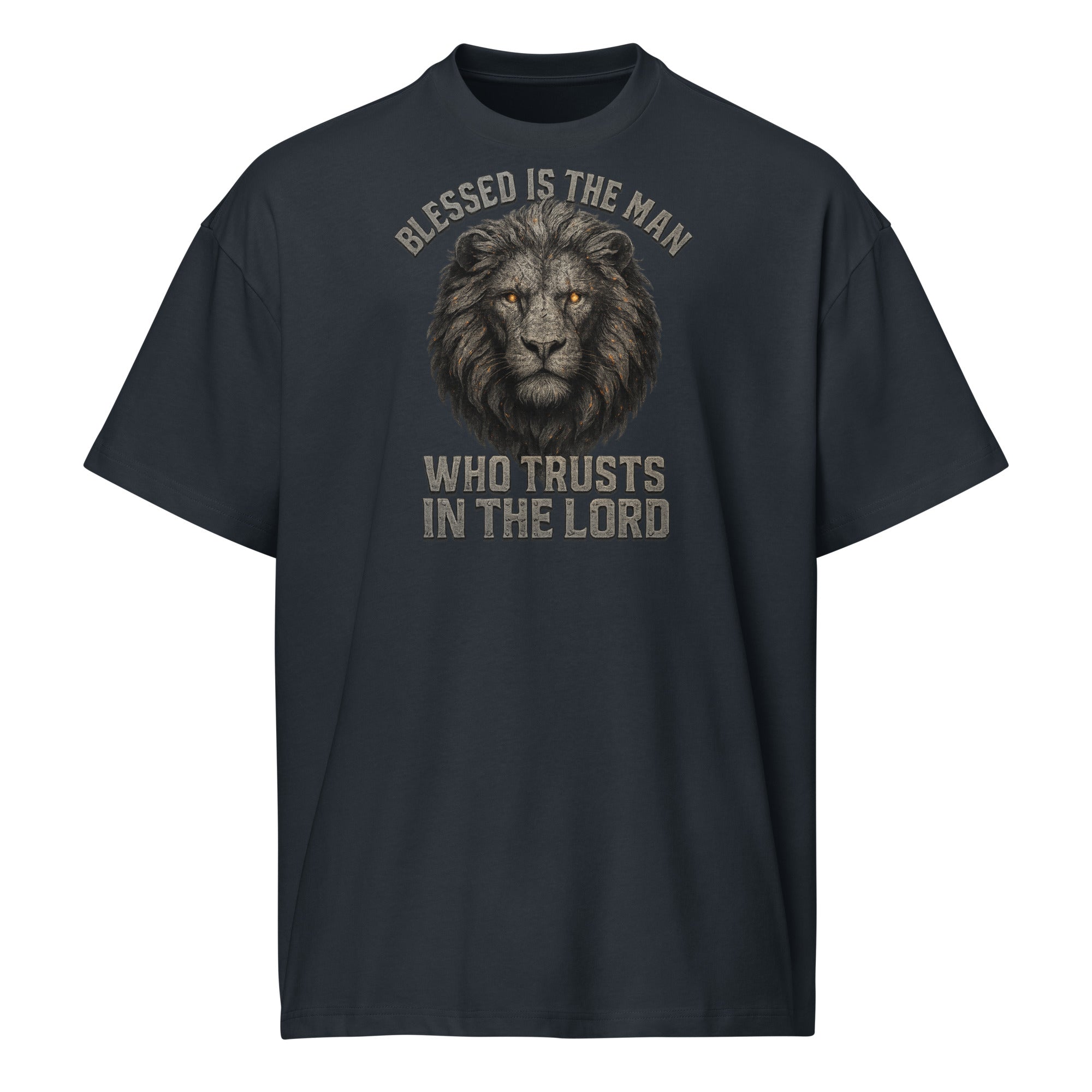 Navy men’s box tee with Lion of Judah graphic and text “Blessed Is the Man Who Trusts in the Lord” from Jeremiah 17:7.