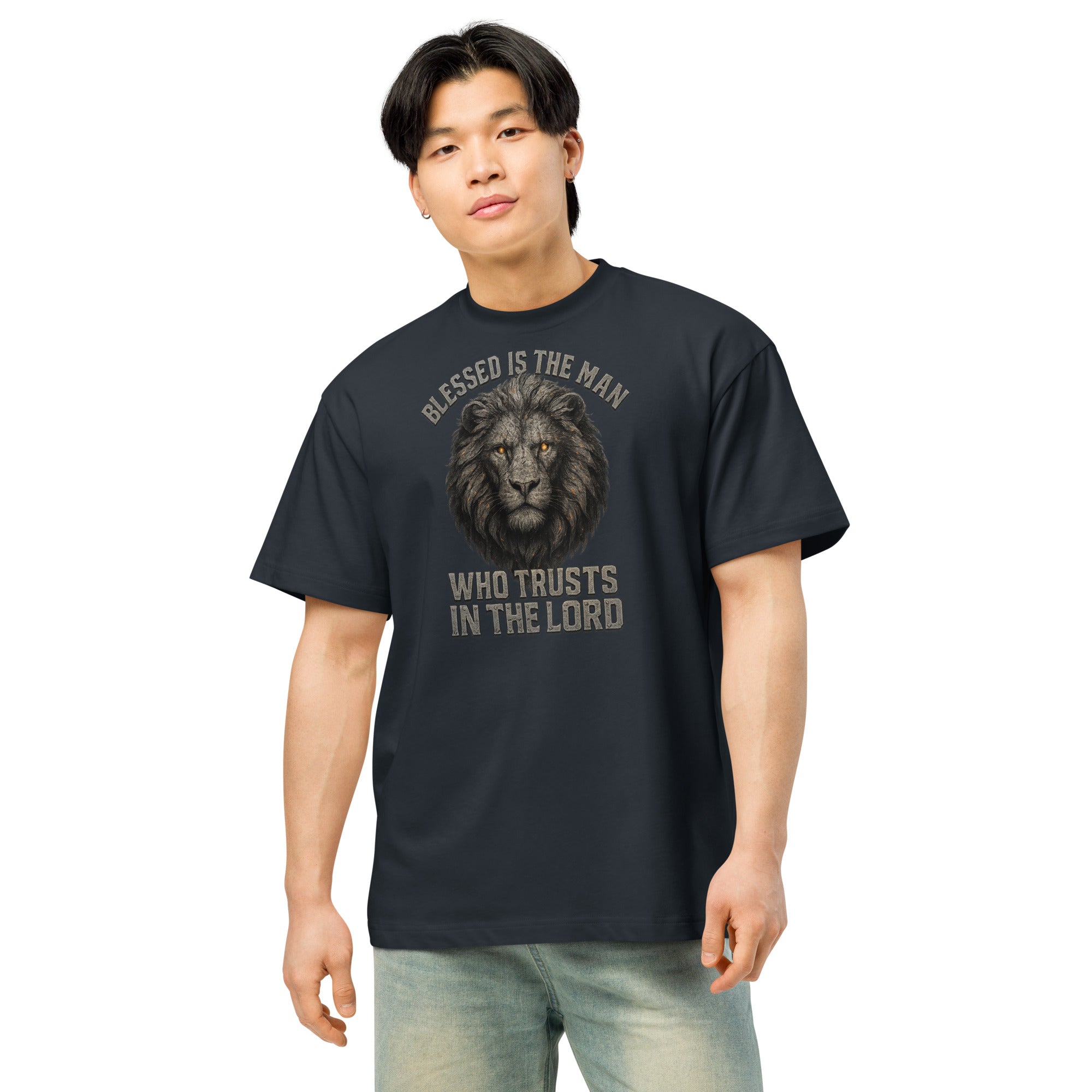 Navy men’s box tee with Lion of Judah graphic and text “Blessed Is the Man Who Trusts in the Lord” from Jeremiah 17:7.