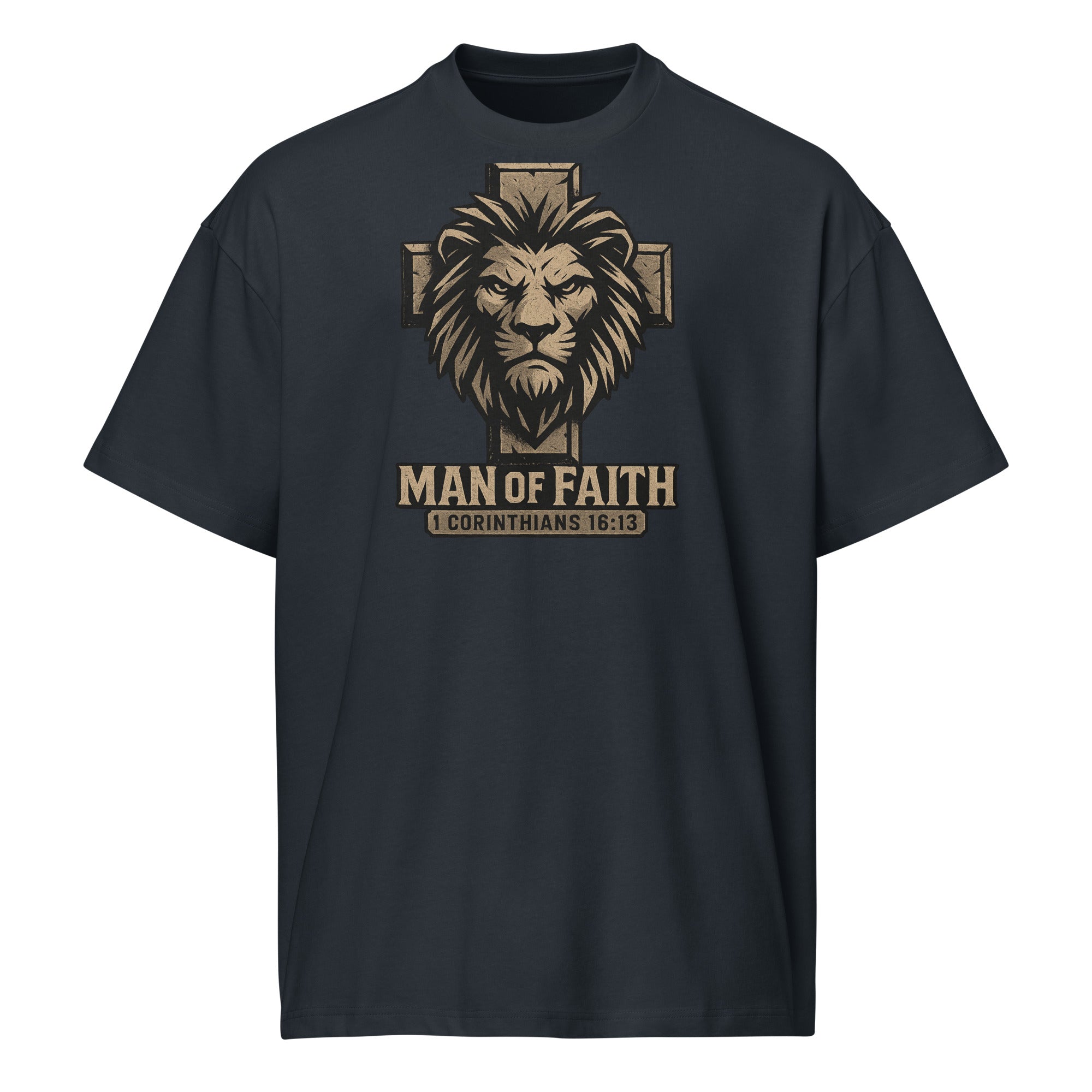 navy Cotton Heritage Men’s Box Tee with lion and cross graphic and text ‘Man of Faith – 1 Corinthians 16:13’ in bold Christian design.