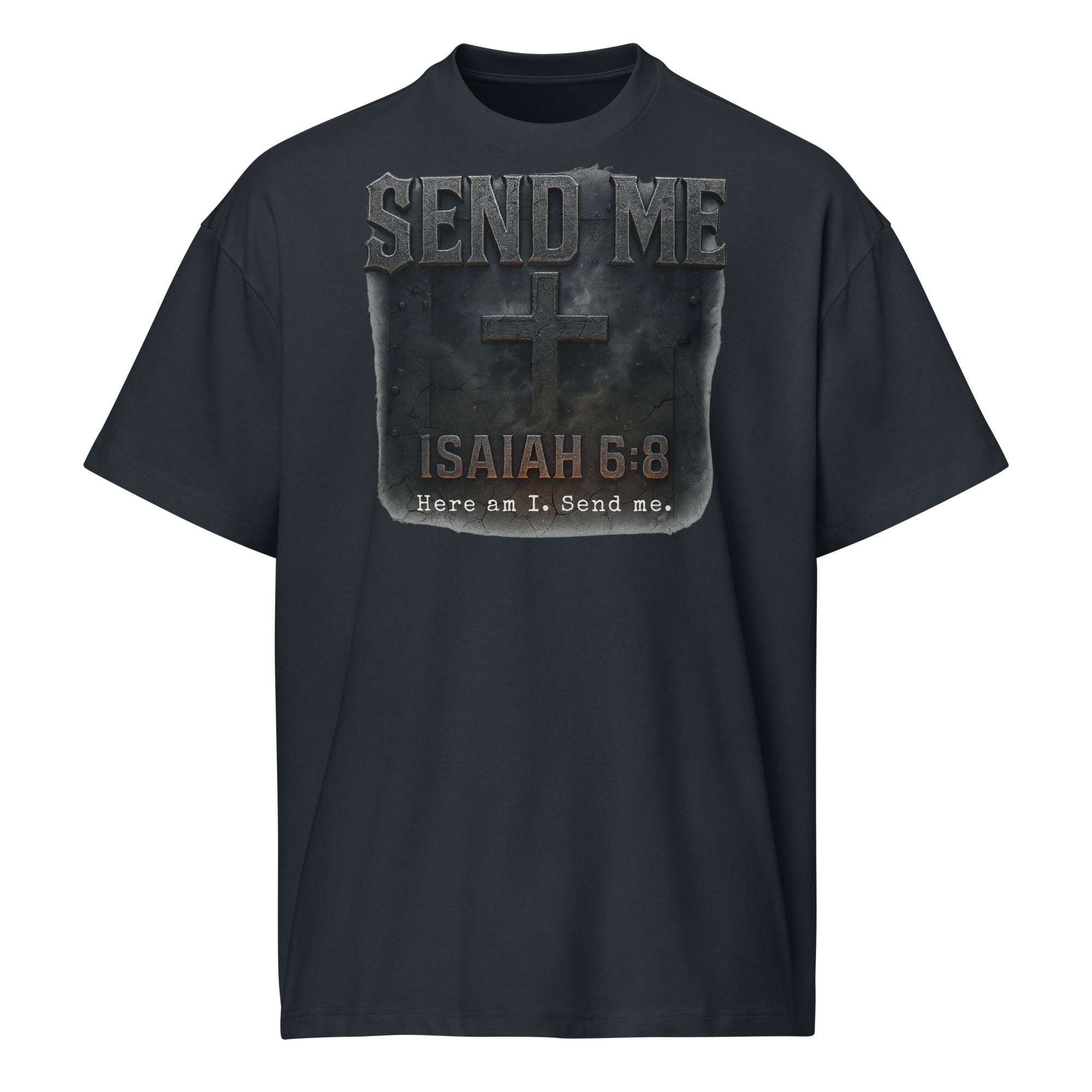navy men’s box tee with rugged cross design and bold text “Send Me – Isaiah 6:8 – Here am I. Send me.” Christian faith graphic shirt from Cotton Heritage.