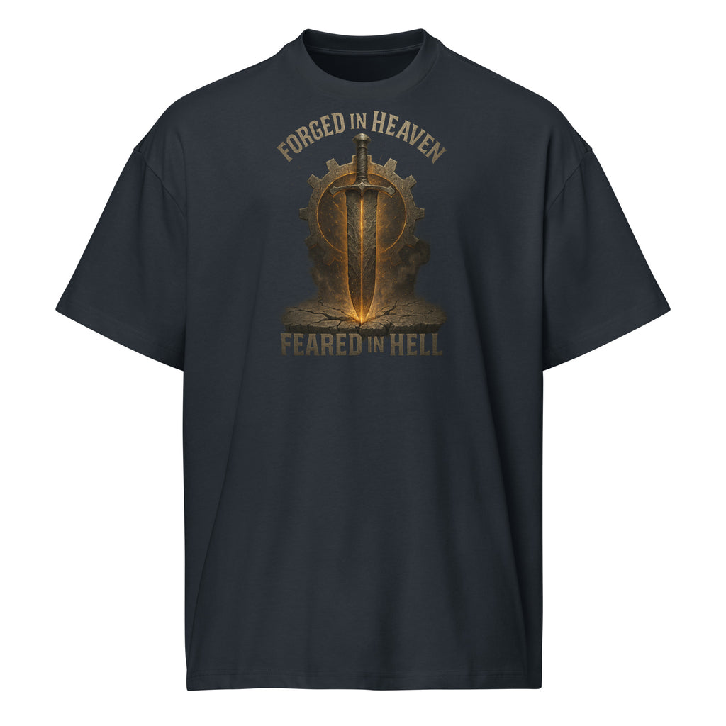 navy men’s box tee with bold sword and gear graphic, featuring the words Forged in Heaven, Feared in Hell.