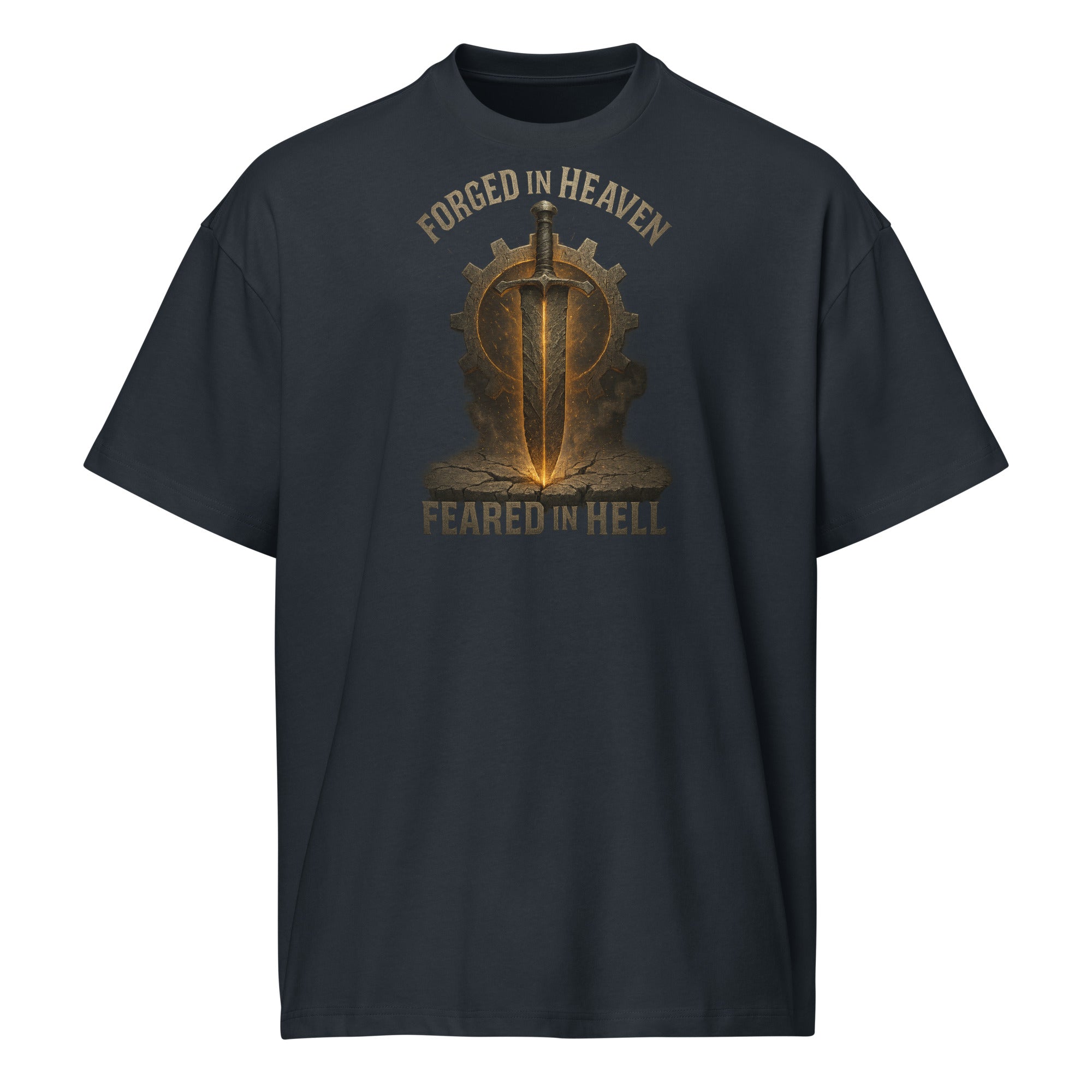 navy men’s box tee with bold sword and gear graphic, featuring the words Forged in Heaven, Feared in Hell.