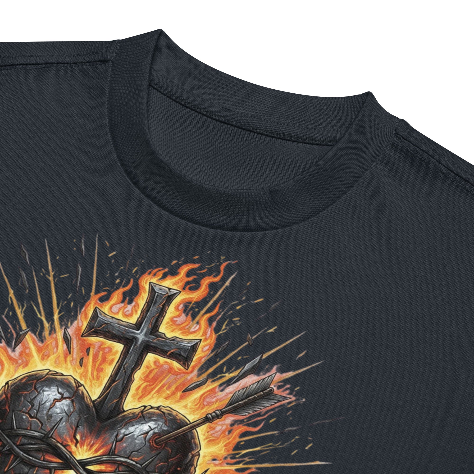 Navy men’s box tee with a fiery Sacred Heart of Jesus graphic and cross, designed on Cotton Heritage MC1087.