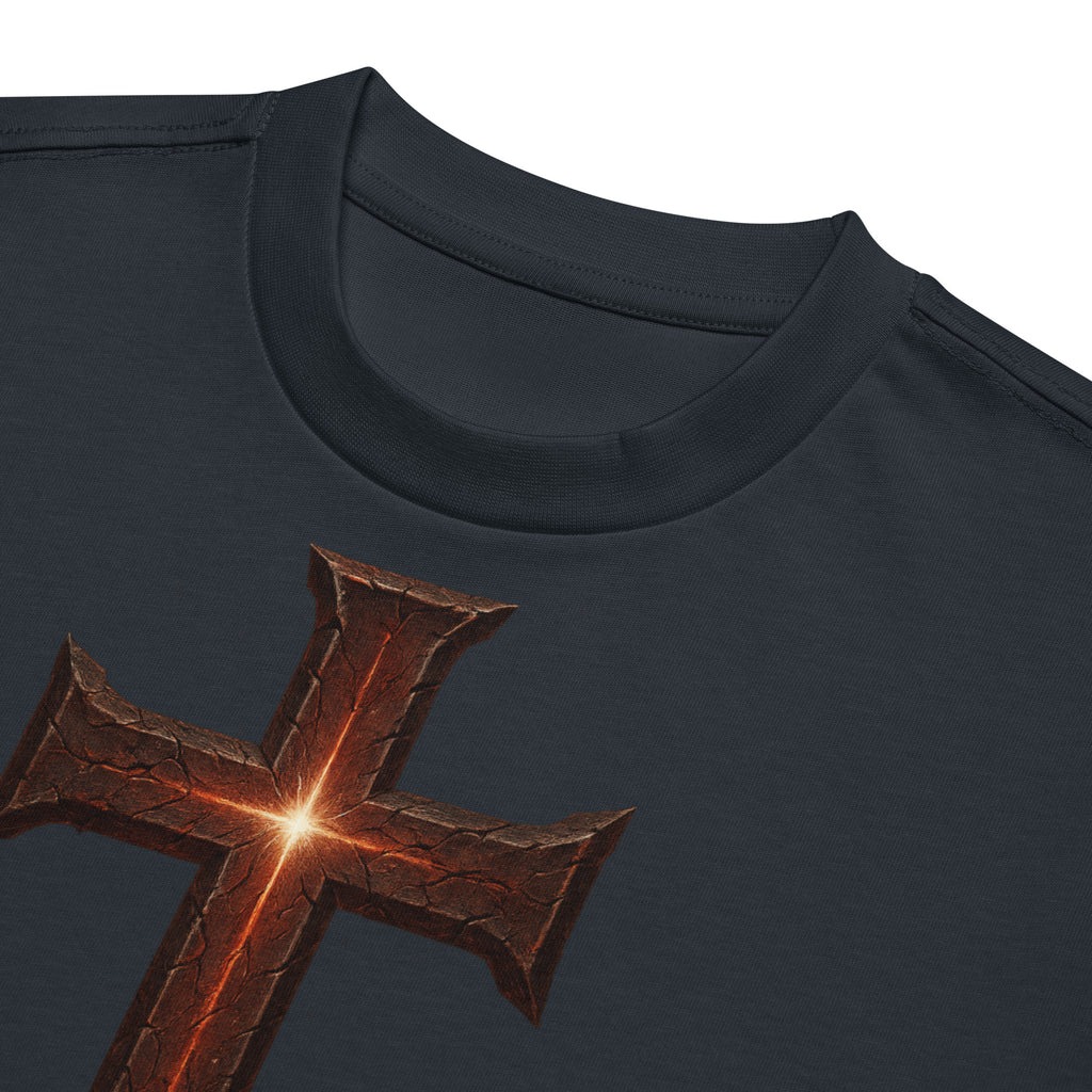 Navy Men’s Box Tee with cross design and Isaiah 53:5 Bible verse, ‘By His Wounds We Are Healed.’ Premium Cotton Heritage Christian shirt.