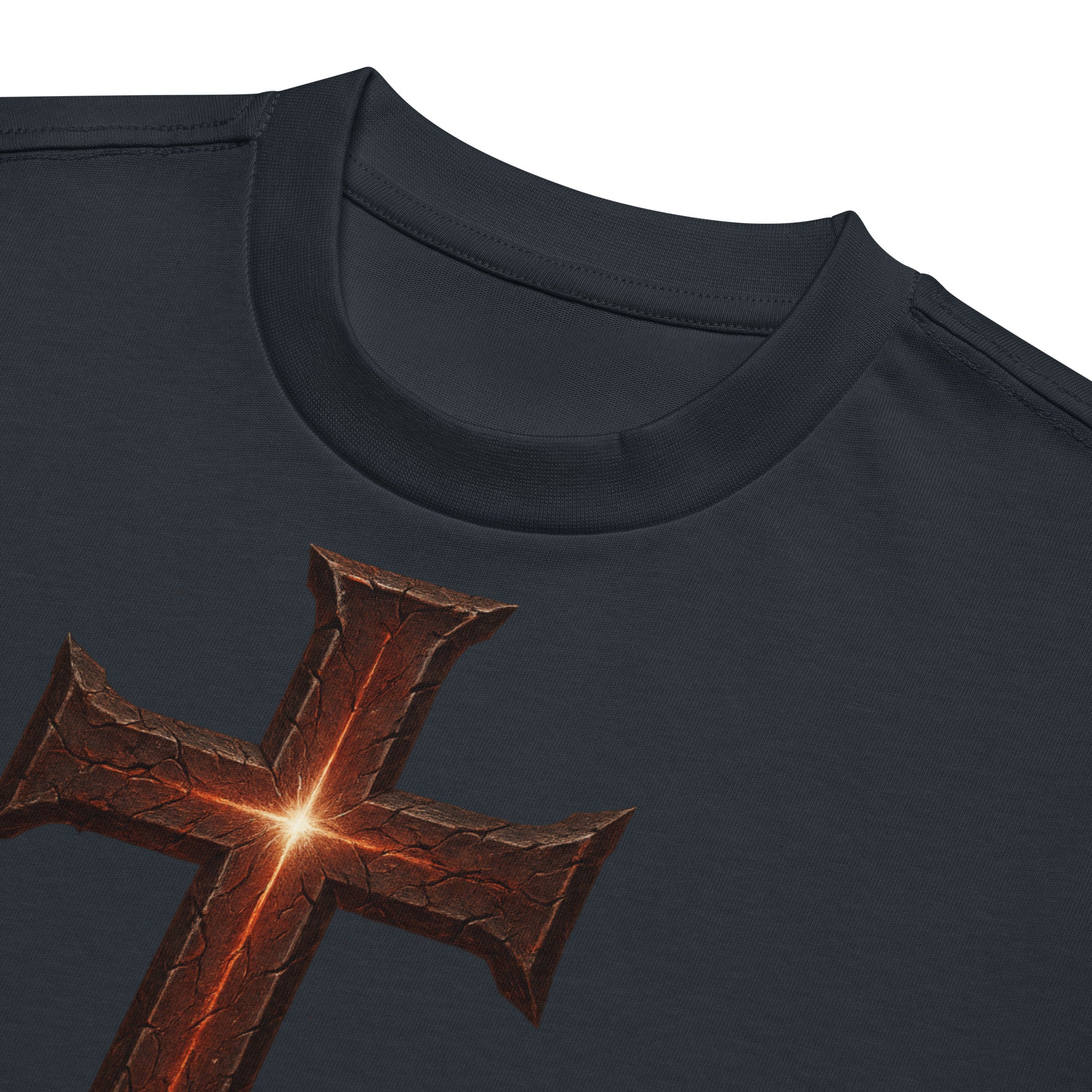 Navy Men’s Box Tee with cross design and Isaiah 53:5 Bible verse, ‘By His Wounds We Are Healed.’ Premium Cotton Heritage Christian shirt.