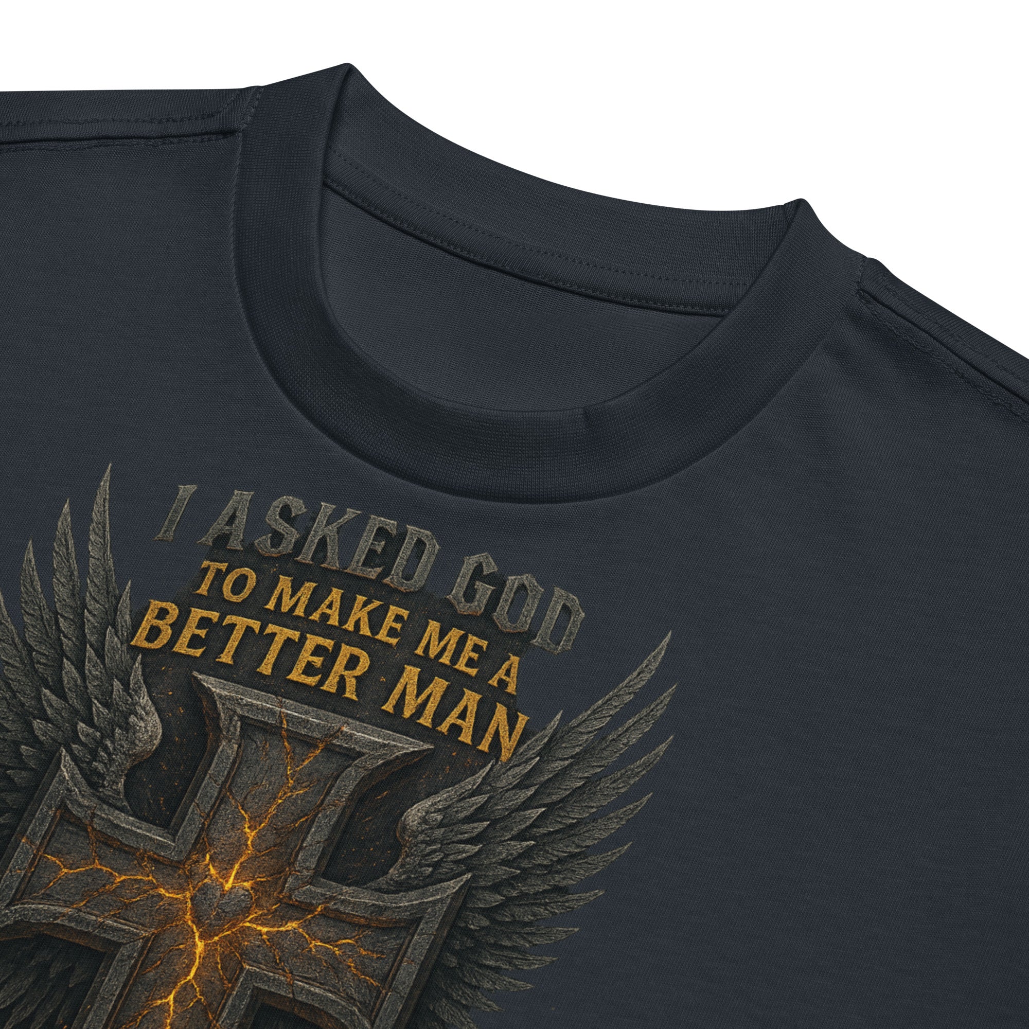 Navy men’s box tee with Christian graphic design of cross with wings and text ‘I asked God to make me a better man, He sent me my wife’ – faith-based marriage shirt.