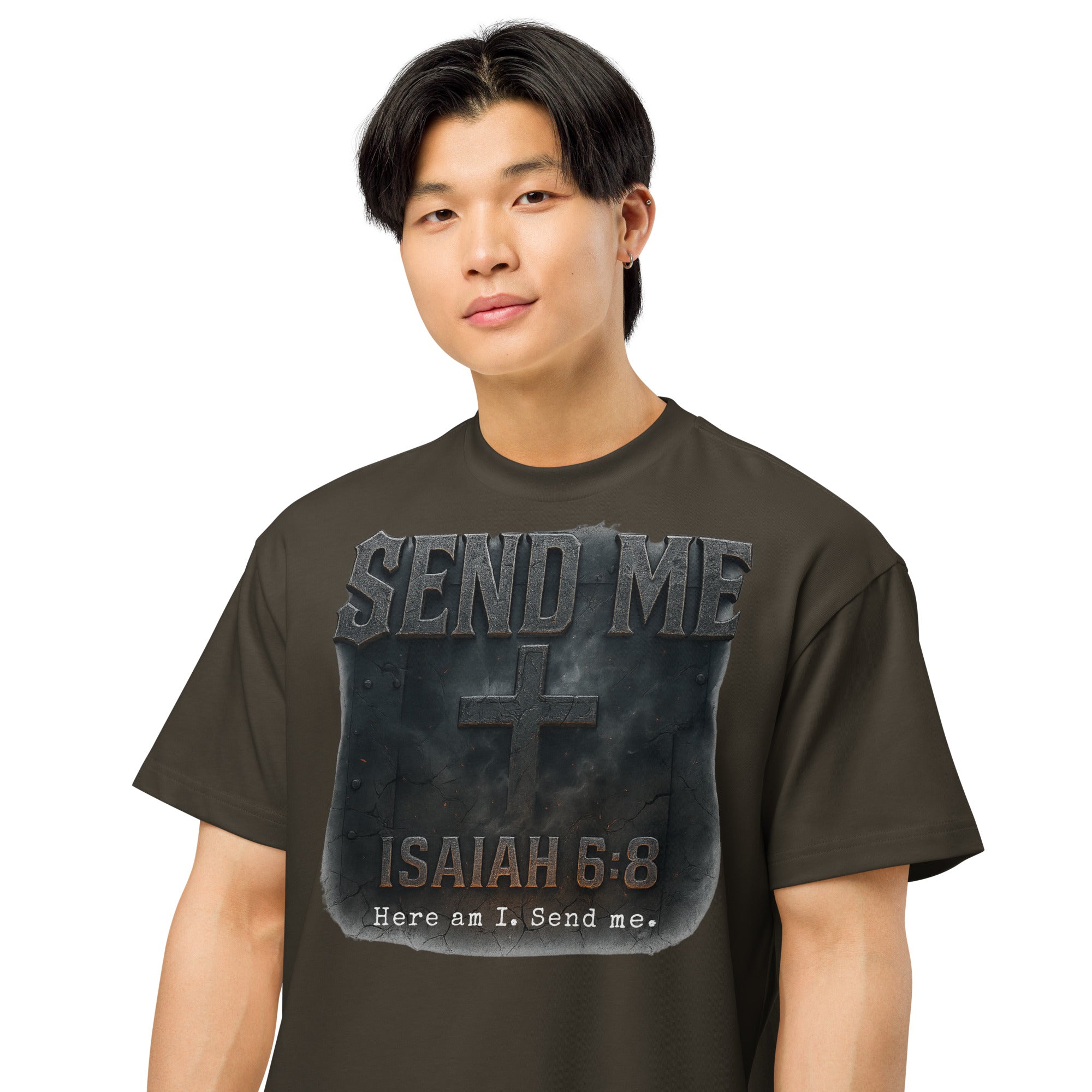 Vintage Black men’s box tee with rugged cross design and bold text “Send Me – Isaiah 6:8 – Here am I. Send me.” Christian faith graphic shirt from Cotton Heritage.