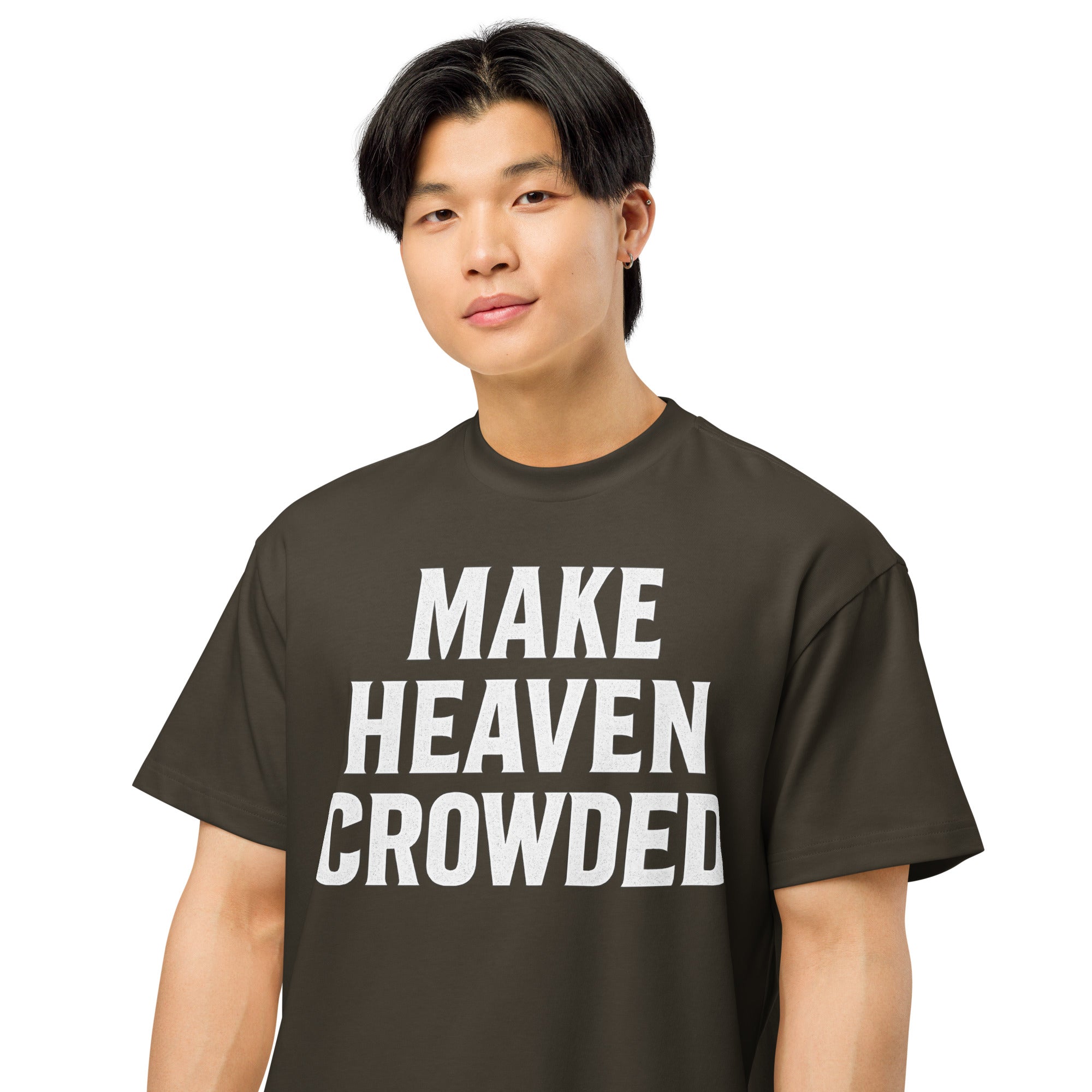 Person wearing a vintage black t-shirt with 'MAKE HEAVEN CROWDED' text on a white background