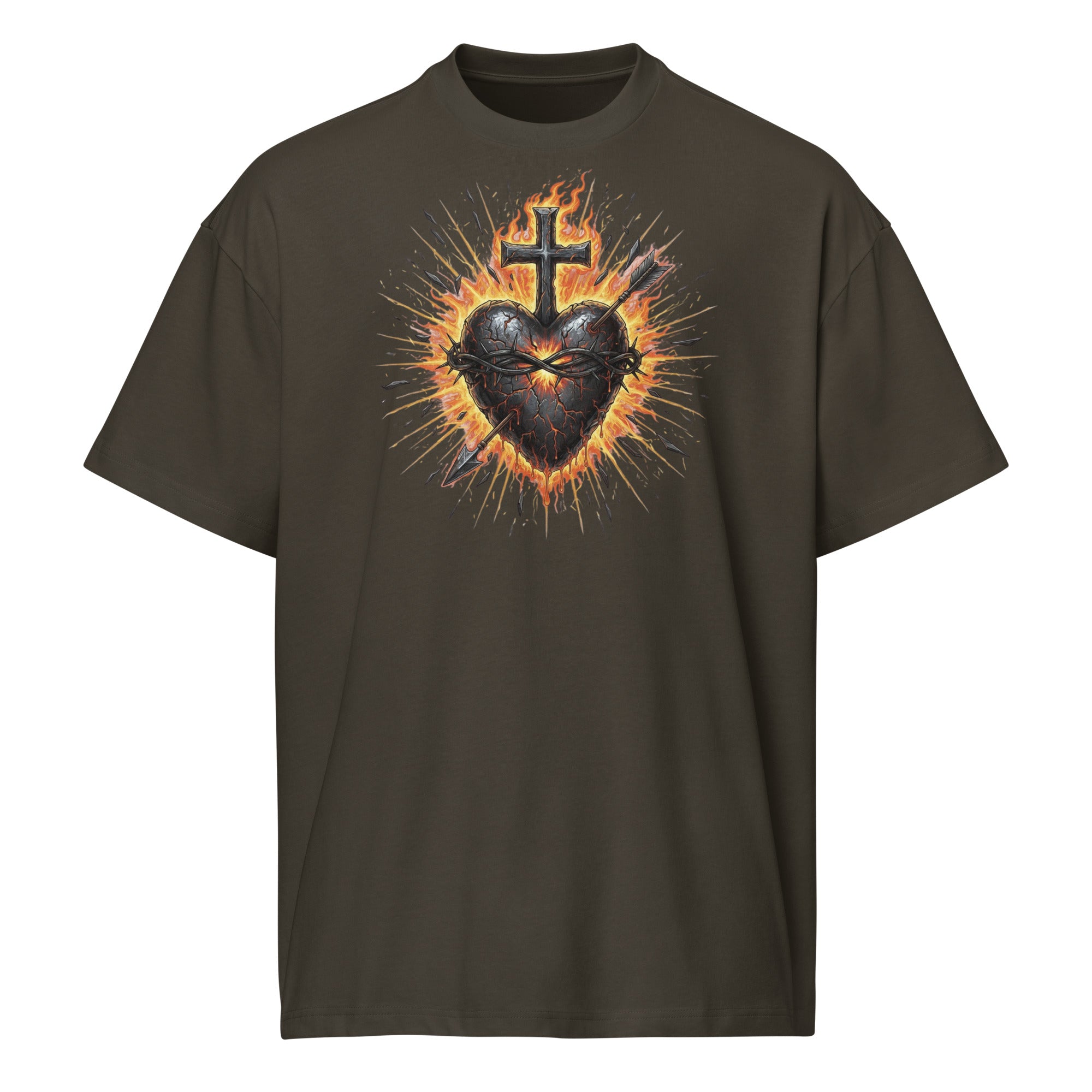 Black men’s box tee with a fiery Sacred Heart of Jesus graphic and cross, designed on Cotton Heritage MC1087.