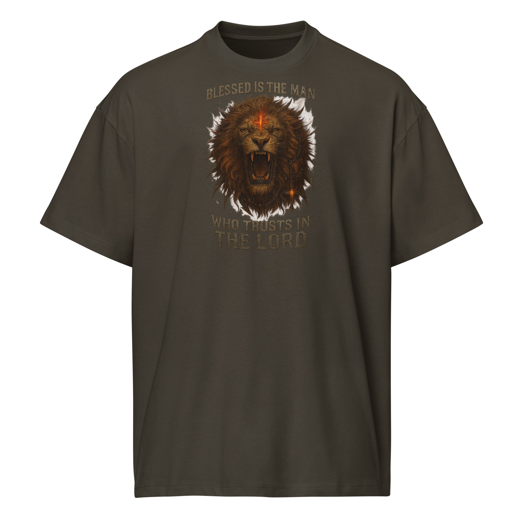 Men’s black Christian box tee with roaring Lion of Judah and scripture “Blessed is the man who trusts in the Lord” — Cotton Heritage MC1087.