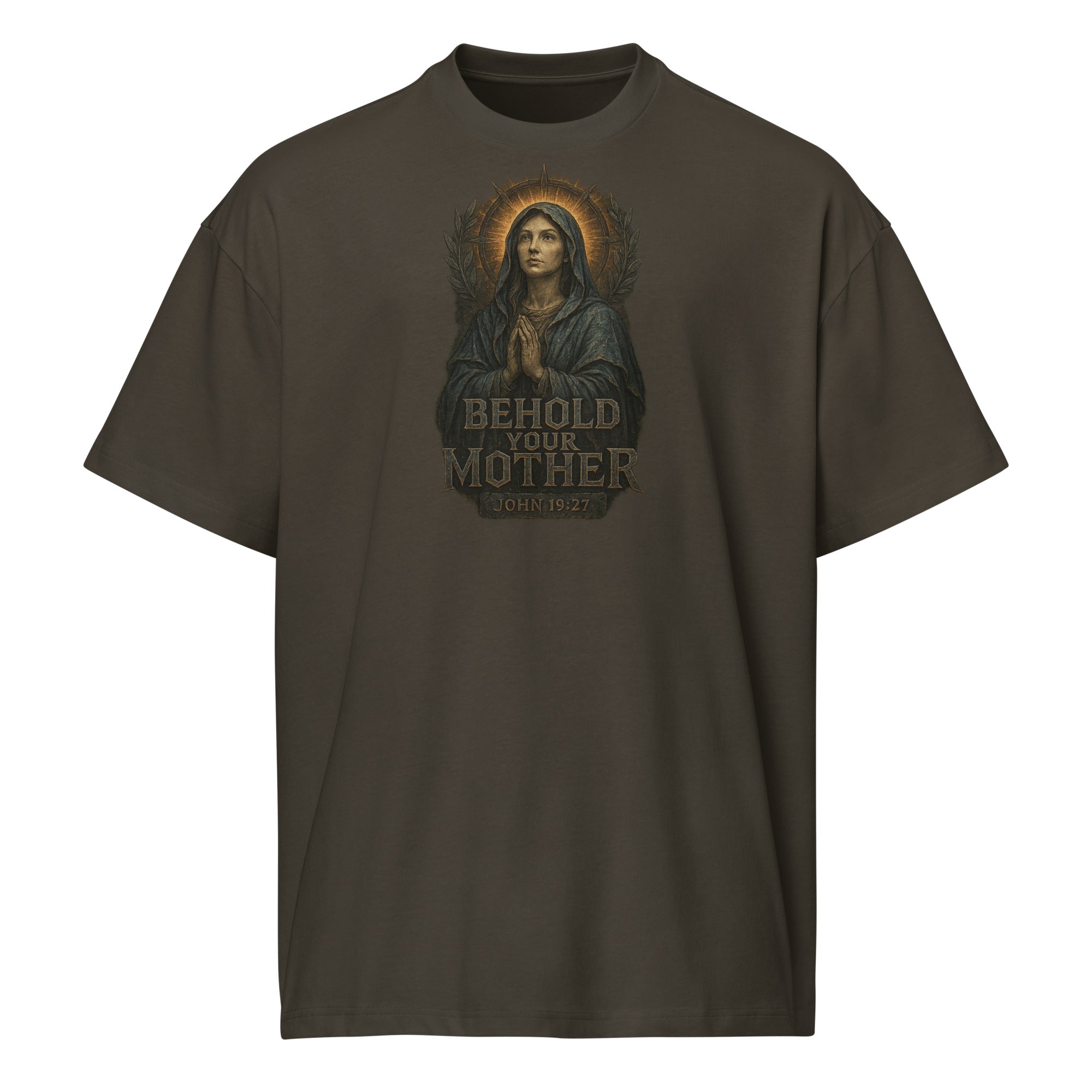 Men’s black Catholic box tee with “Behold Your Mother” design featuring the Blessed Virgin Mary and John 19:27 scripture