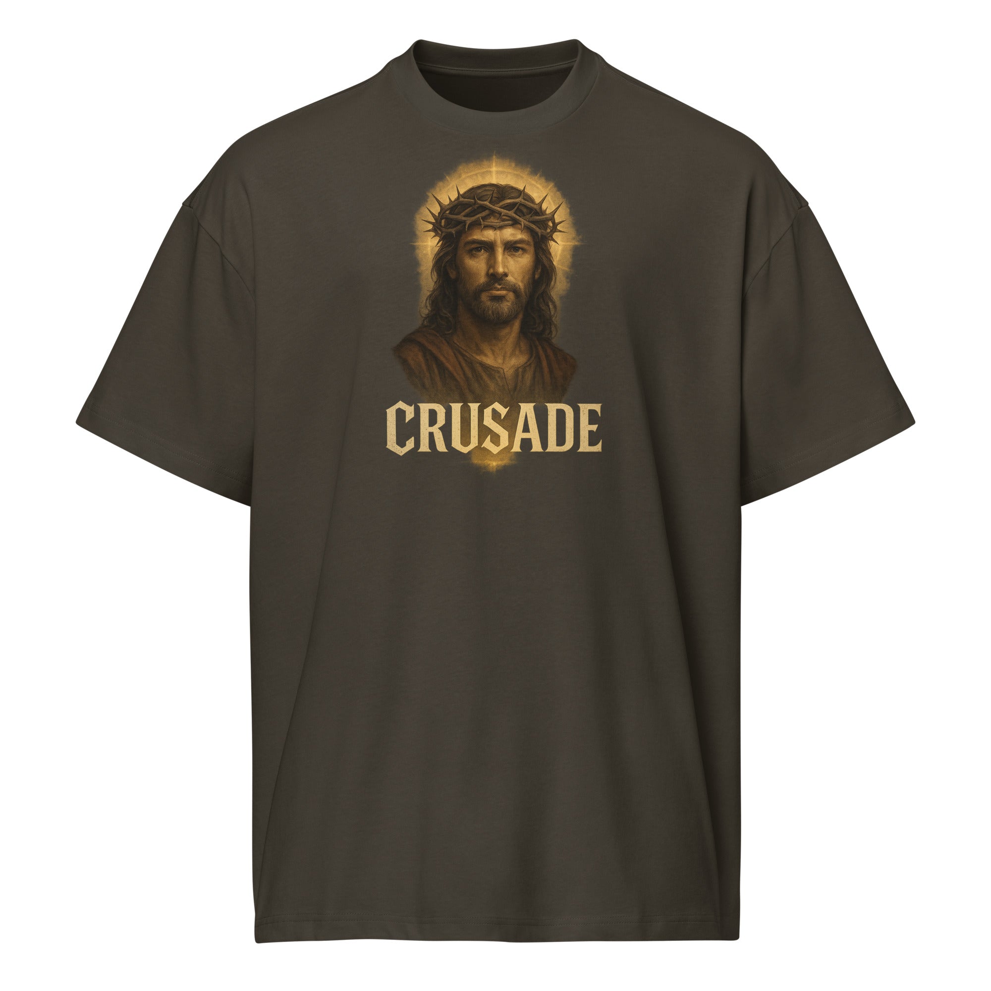 Crusade Men’s Box Tee – Jesus with crown of thorns graphic on black oversized cotton shirt