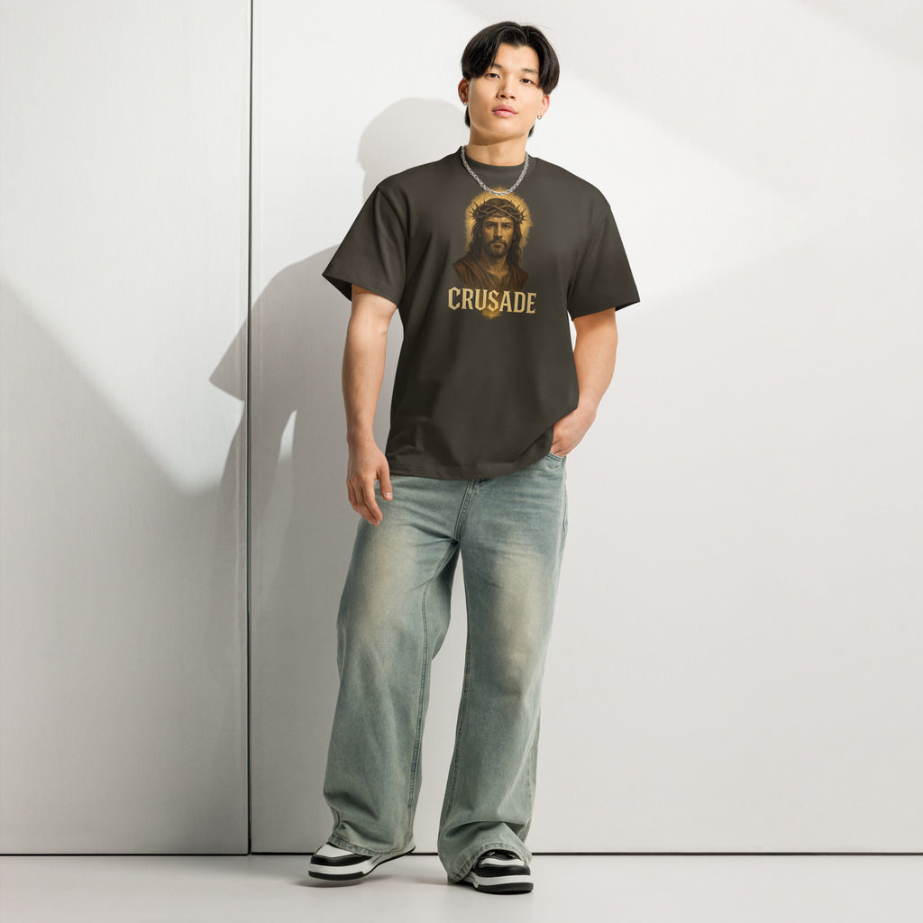 Crusade Men’s Box Tee – Jesus with crown of thorns graphic on black oversized cotton shirt