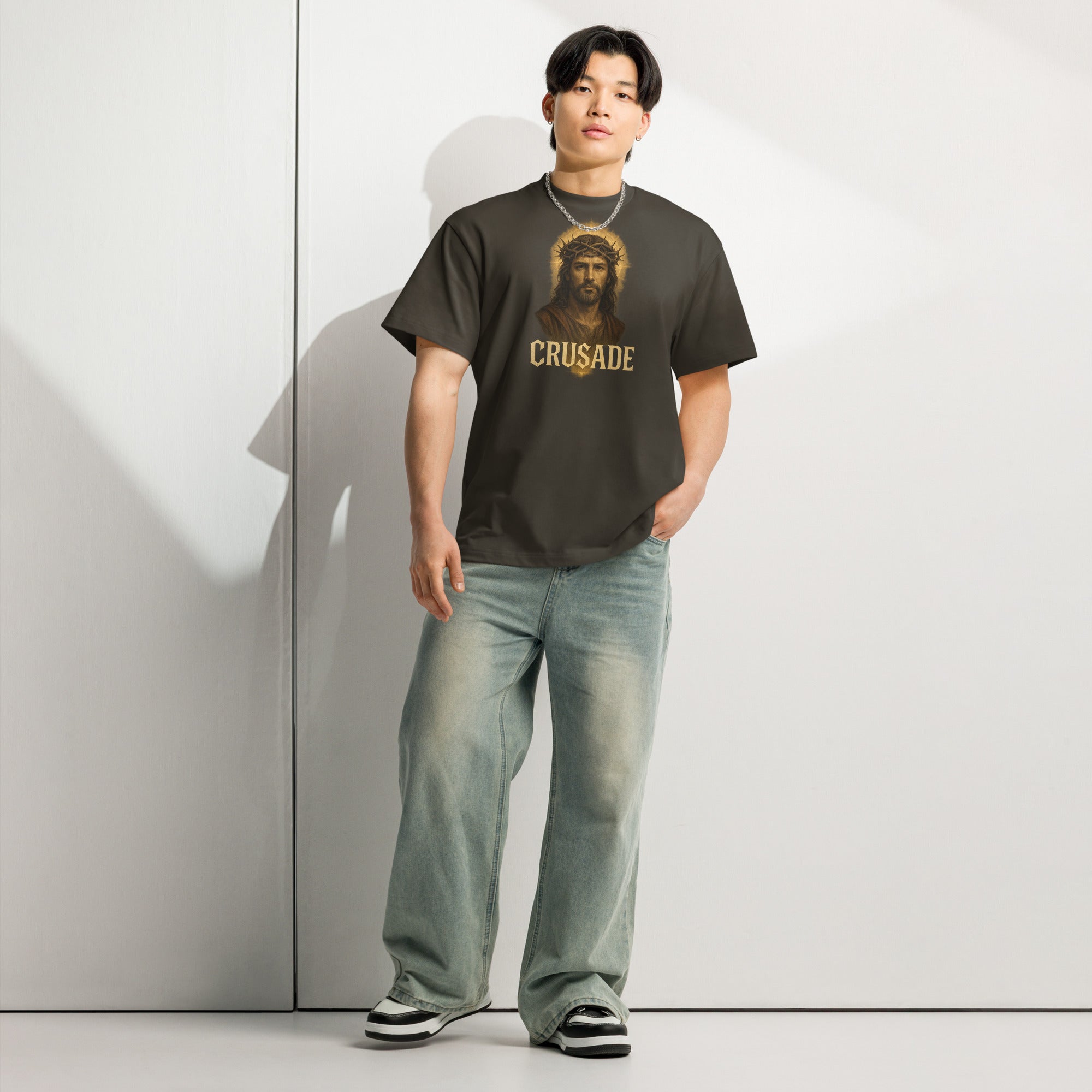Crusade Men’s Box Tee – Jesus with crown of thorns graphic on black oversized cotton shirt