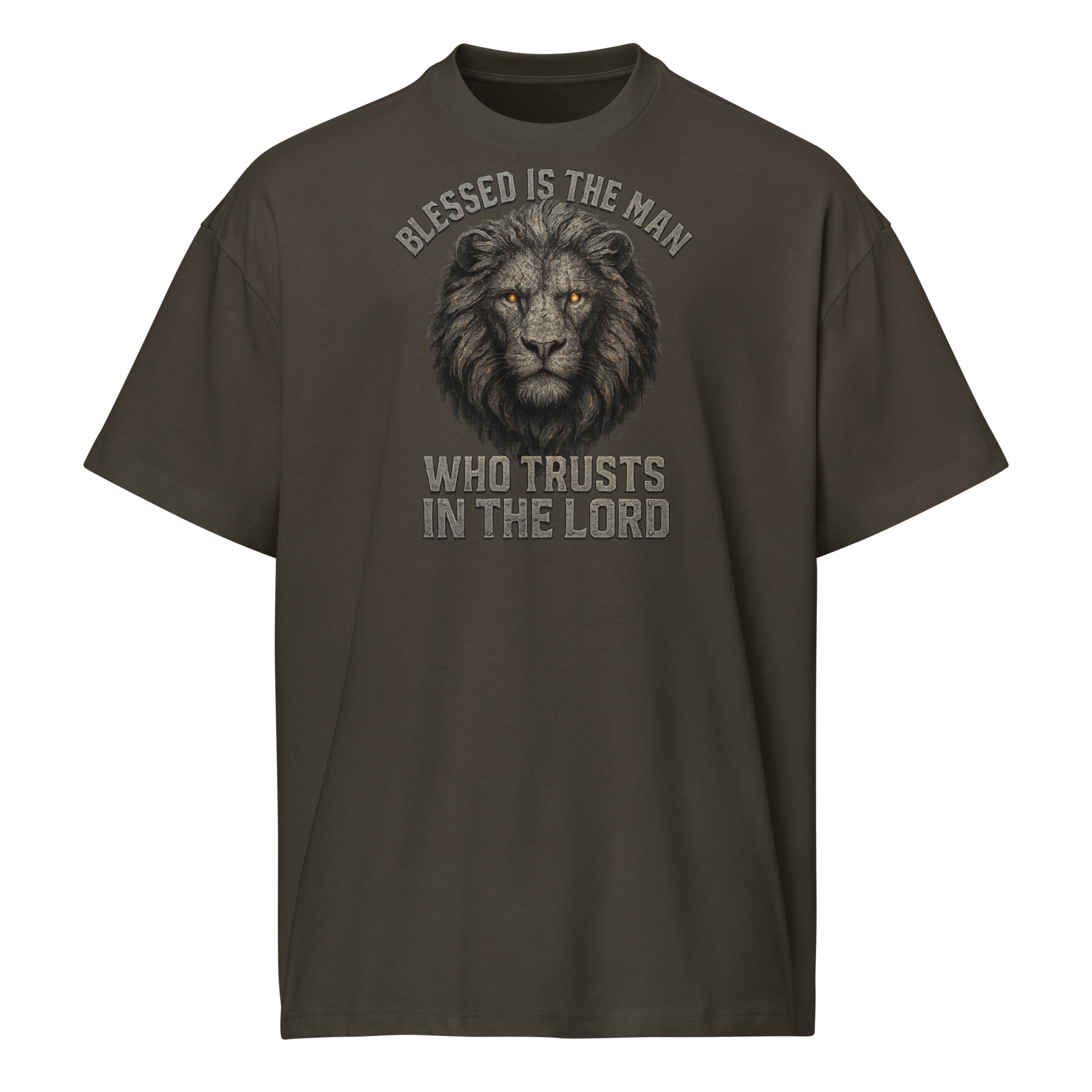 Black men’s box tee with Lion of Judah graphic and text “Blessed Is the Man Who Trusts in the Lord” from Jeremiah 17:7.