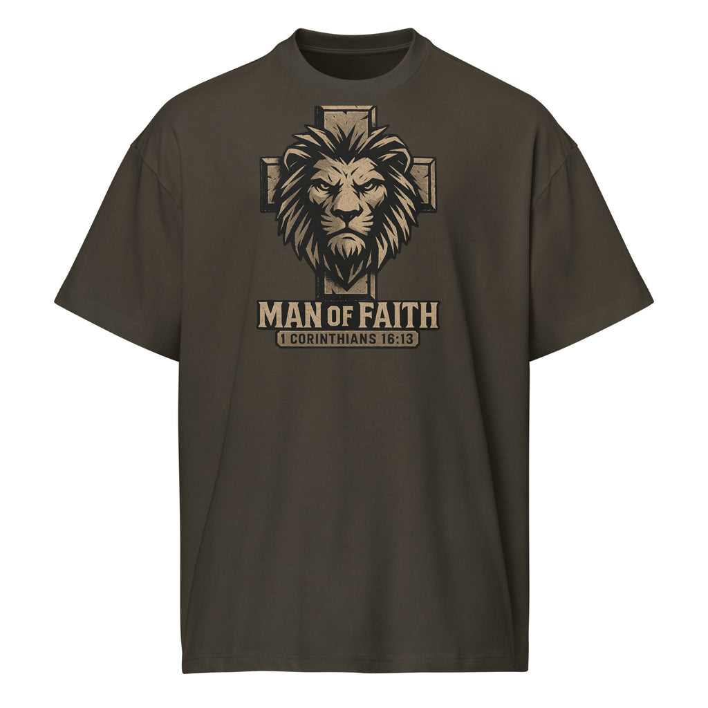 Vintage Black Cotton Heritage Men’s Box Tee with lion and cross graphic and text ‘Man of Faith – 1 Corinthians 16:13’ in bold Christian design.