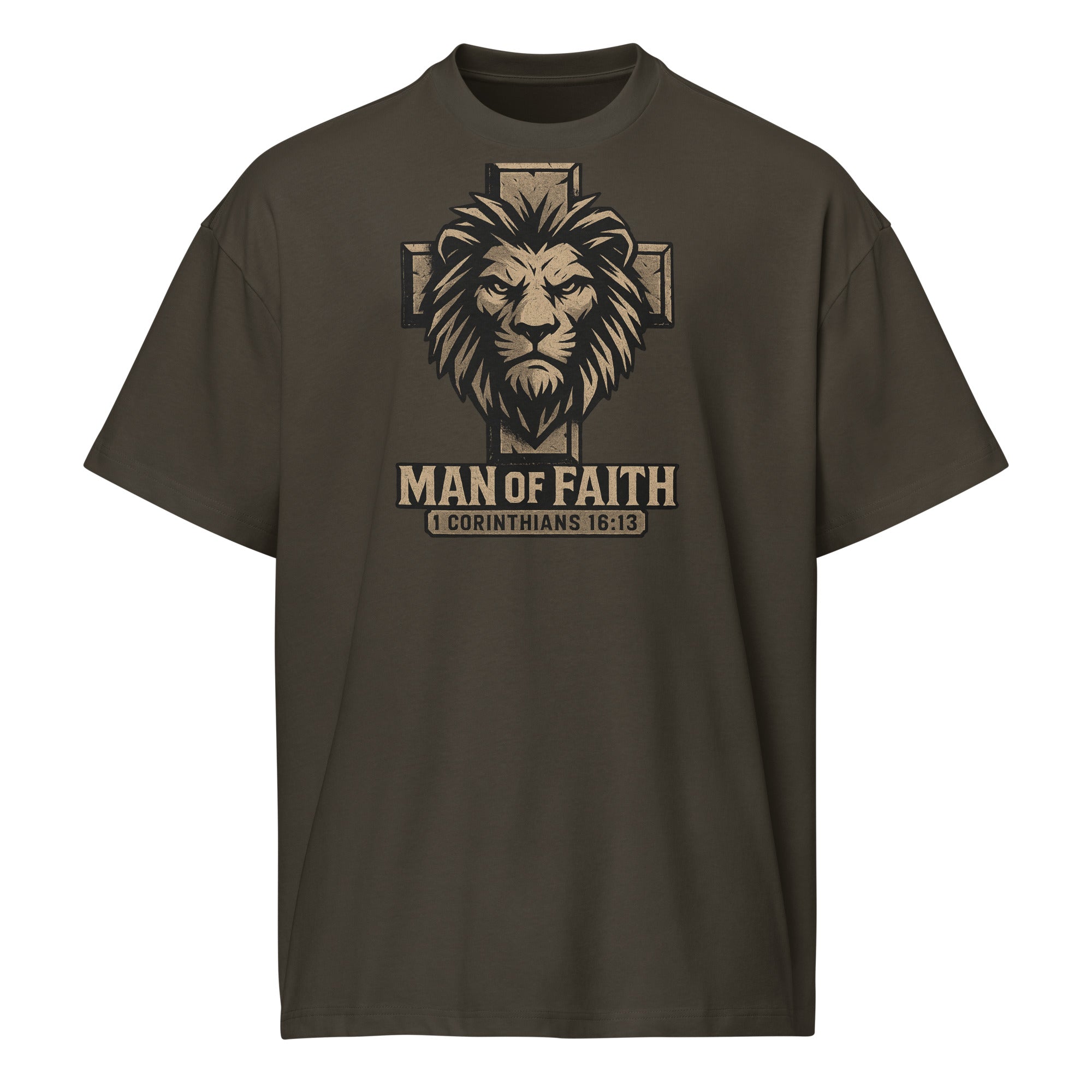 Vintage Black Cotton Heritage Men’s Box Tee with lion and cross graphic and text ‘Man of Faith – 1 Corinthians 16:13’ in bold Christian design.