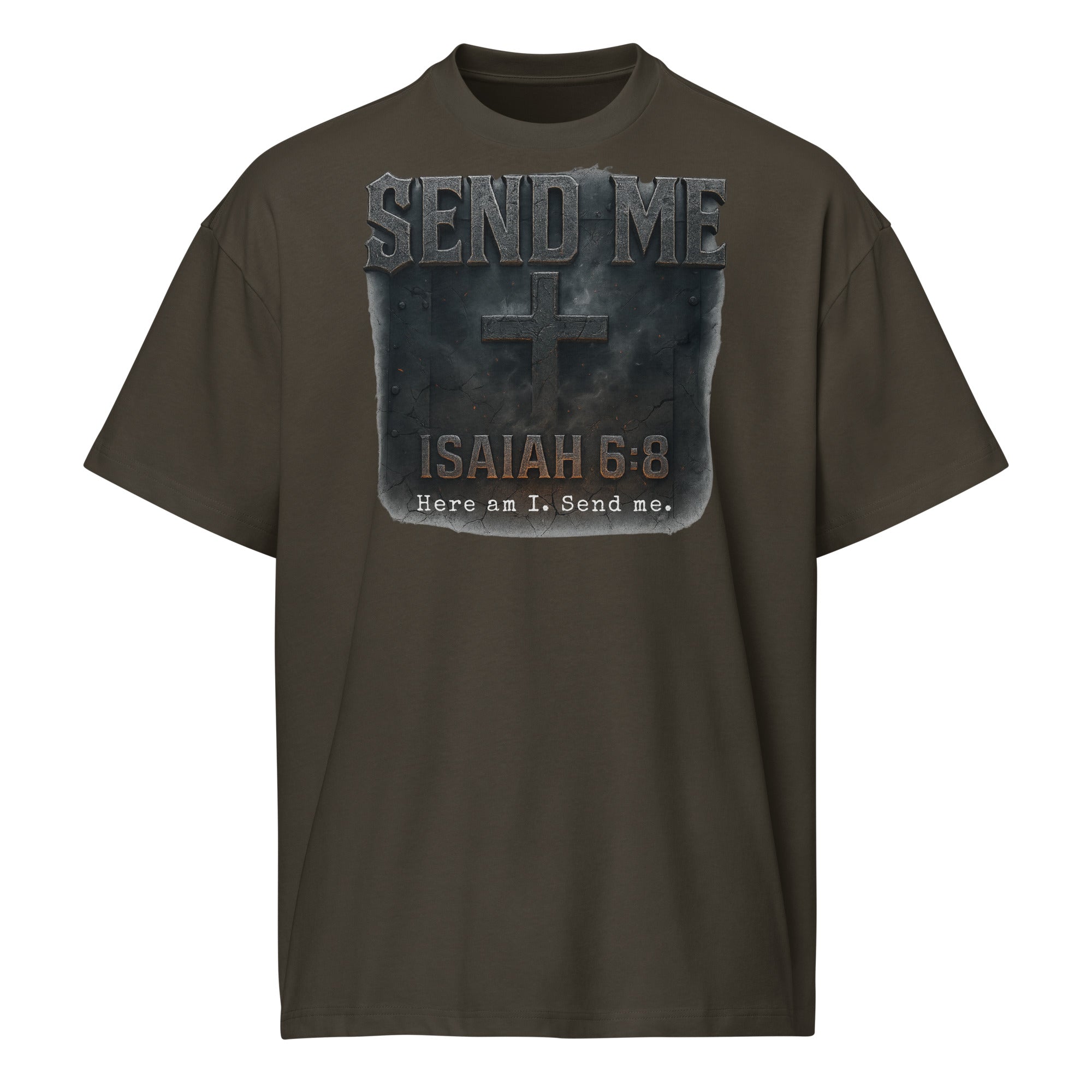 Vintage Black men’s box tee with rugged cross design and bold text “Send Me – Isaiah 6:8 – Here am I. Send me.” Christian faith graphic shirt from Cotton Heritage.