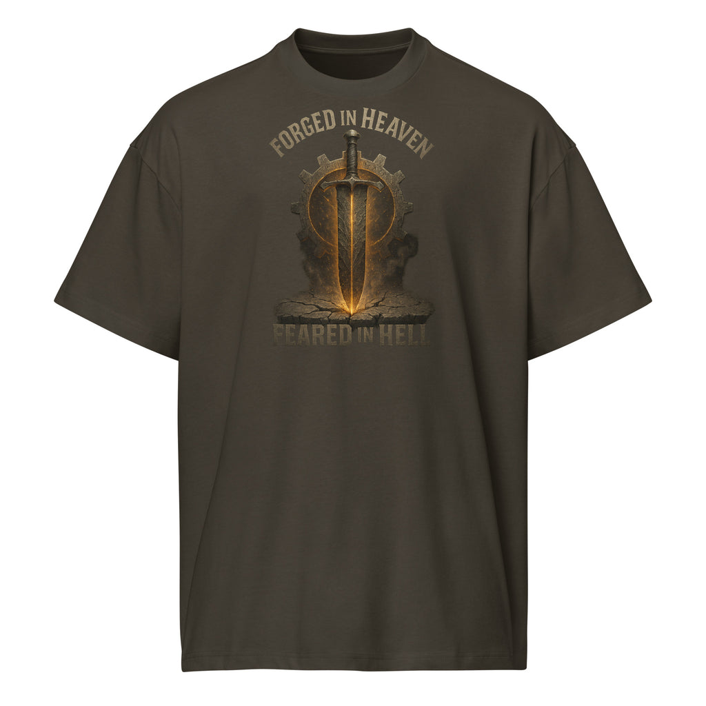 Vintage Black men’s box tee with bold sword and gear graphic, featuring the words Forged in Heaven, Feared in Hell.