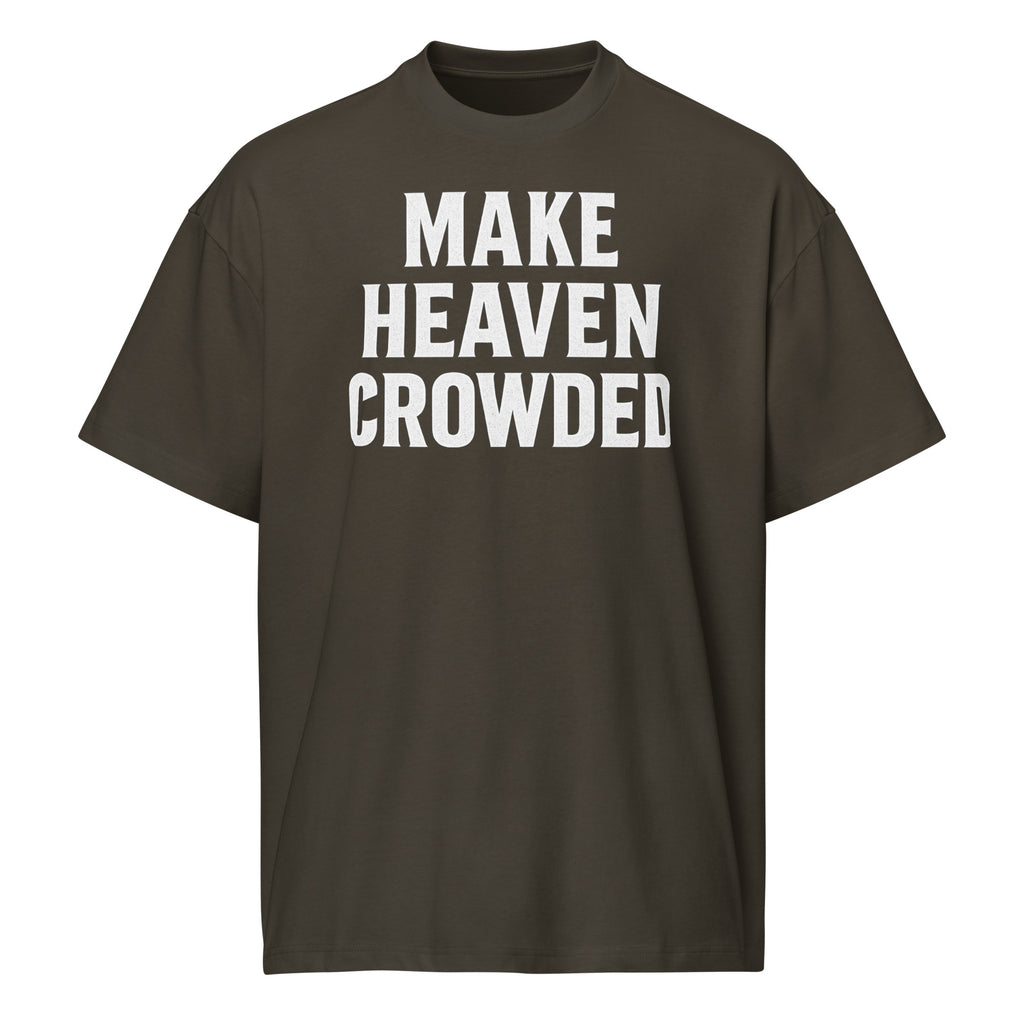 vintage black t-shirt with 'MAKE HEAVEN CROWDED' text on a white background