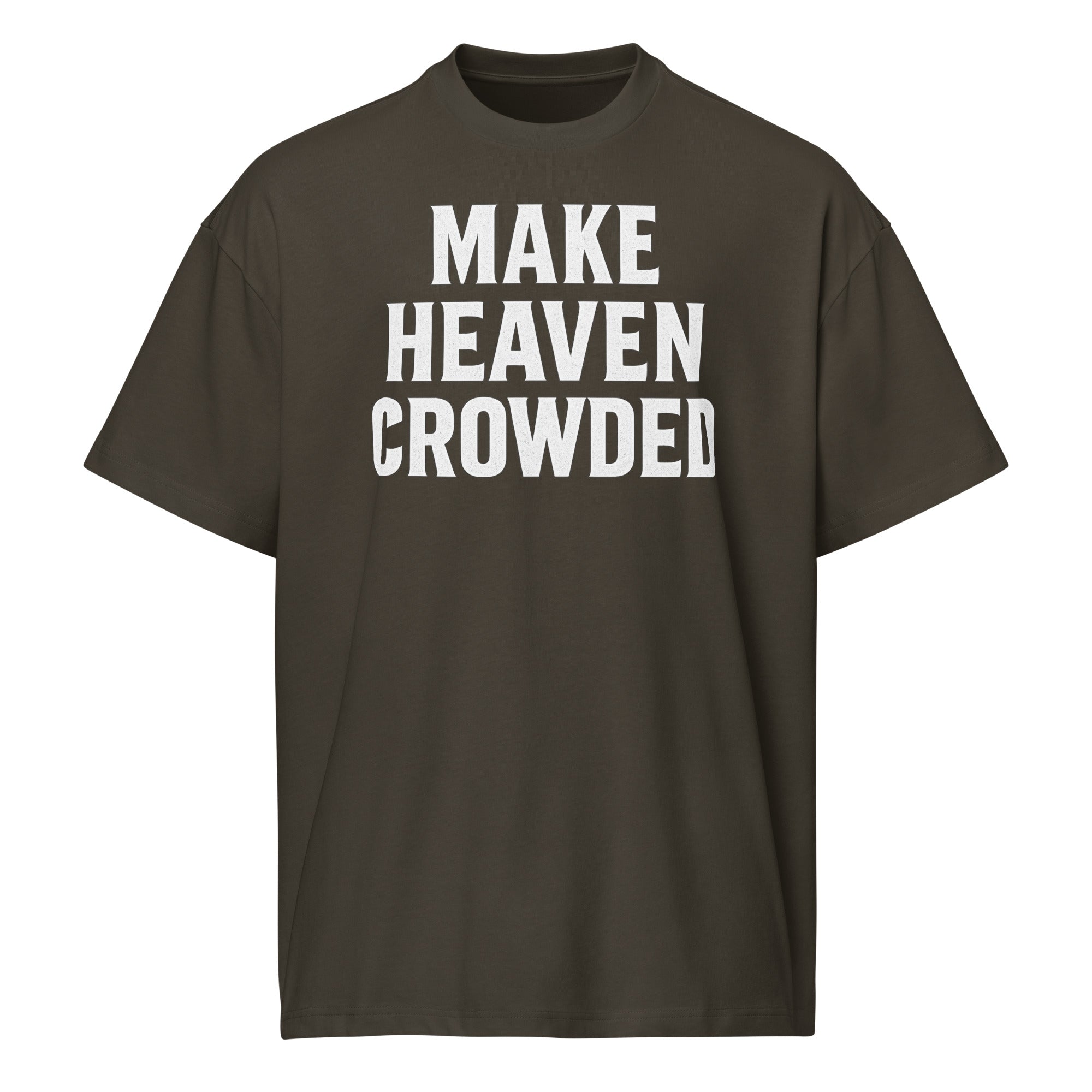 vintage black t-shirt with 'MAKE HEAVEN CROWDED' text on a white background