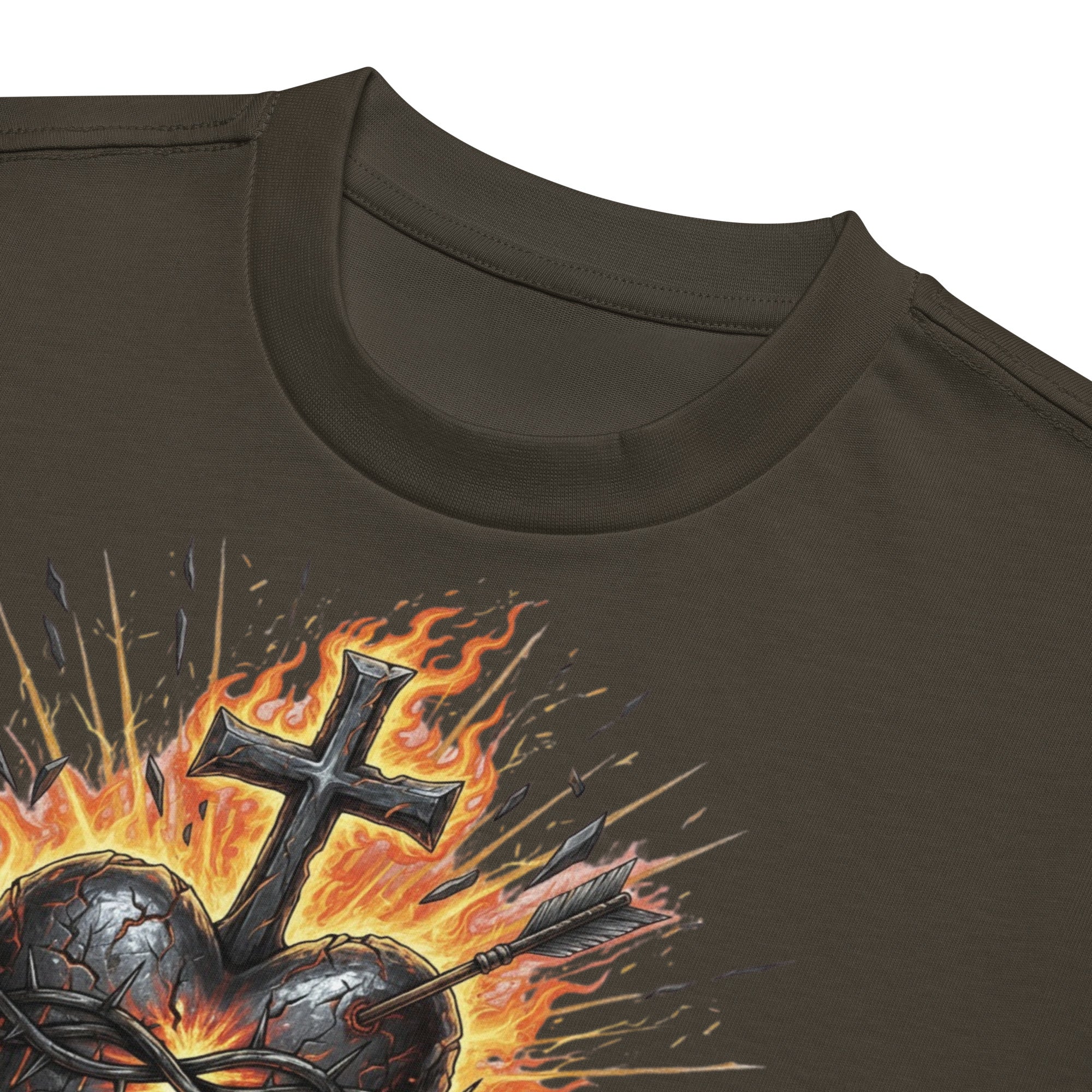 Black men’s box tee with a fiery Sacred Heart of Jesus graphic and cross, designed on Cotton Heritage MC1087.