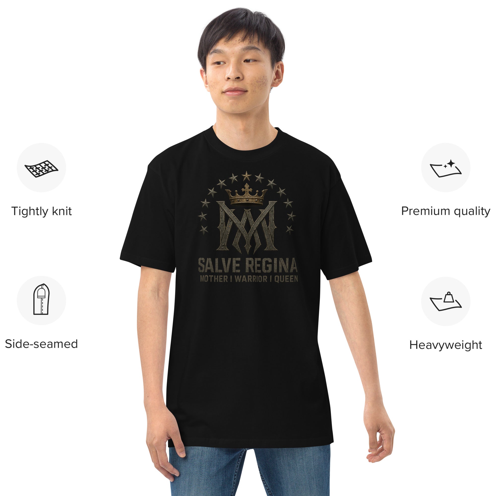 Salve Regina Men’s Premium Heavyweight Tee – black shirt with Marian crown and 12 stars, featuring 'Mother | Warrior | Queen