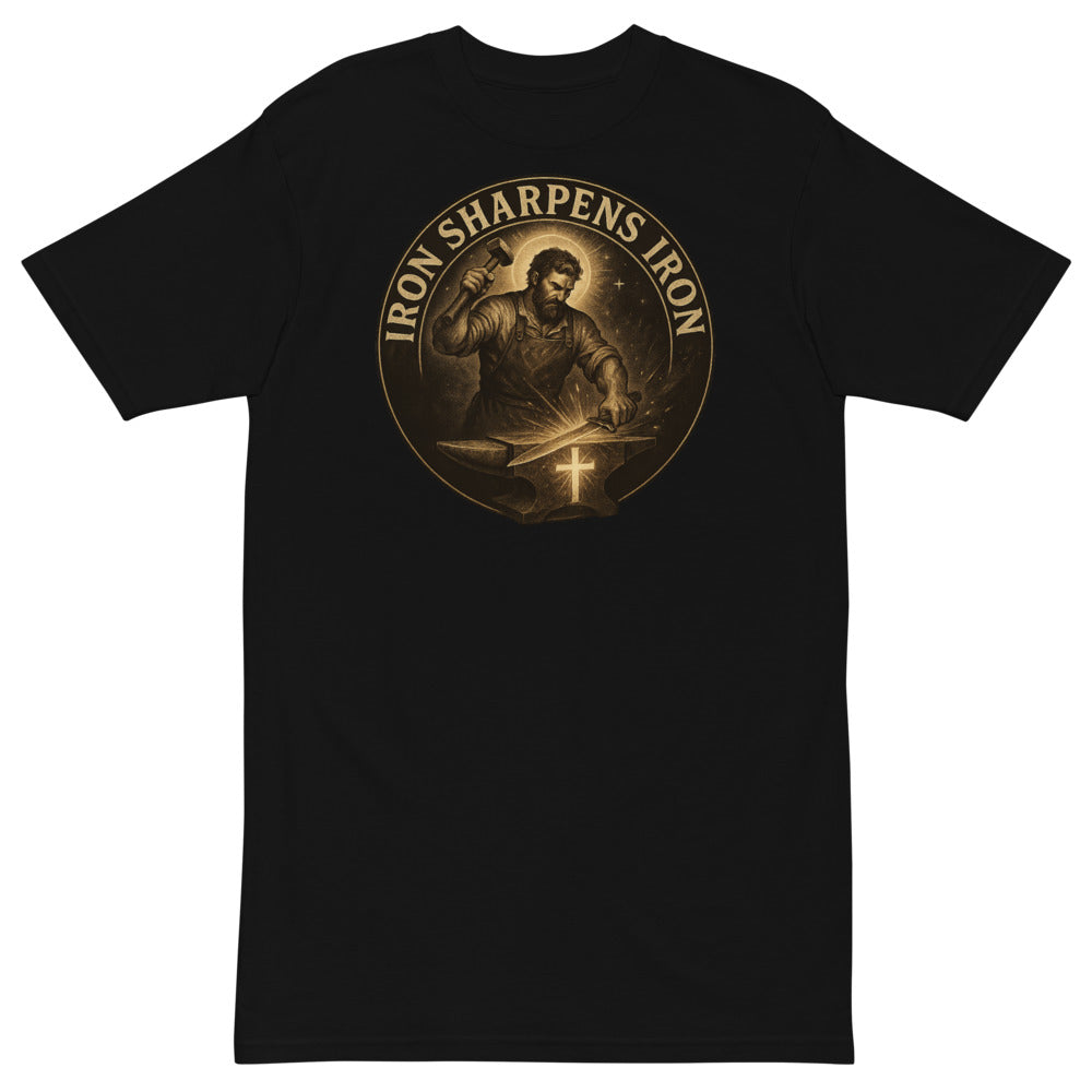 Black t-shirt with a graphic design on the back featuring a religious scene and text.