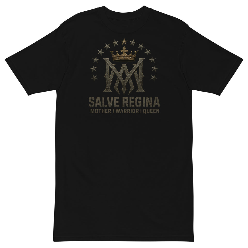 Salve Regina Men’s Premium Heavyweight Tee – black shirt with Marian crown and 12 stars, featuring 'Mother | Warrior | Queen