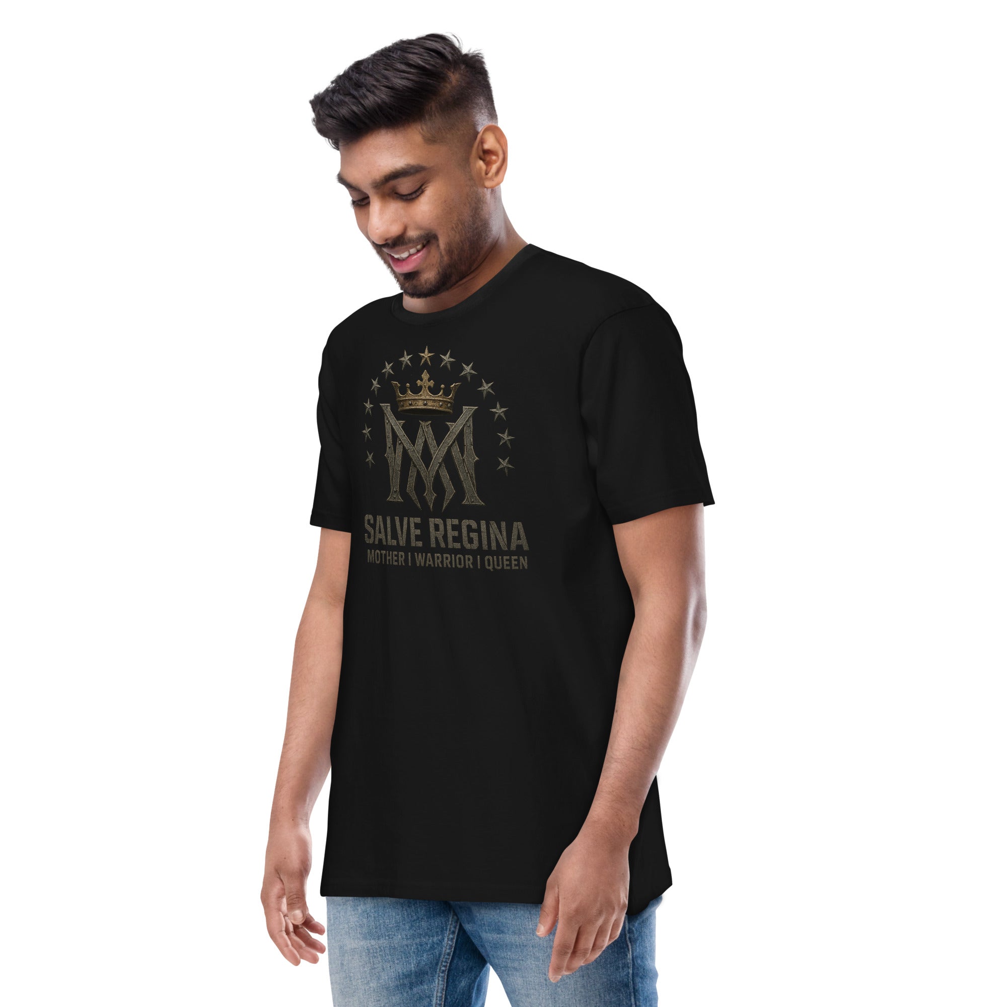 Salve Regina Men’s Premium Heavyweight Tee – black shirt with Marian crown and 12 stars, featuring 'Mother | Warrior | Queen