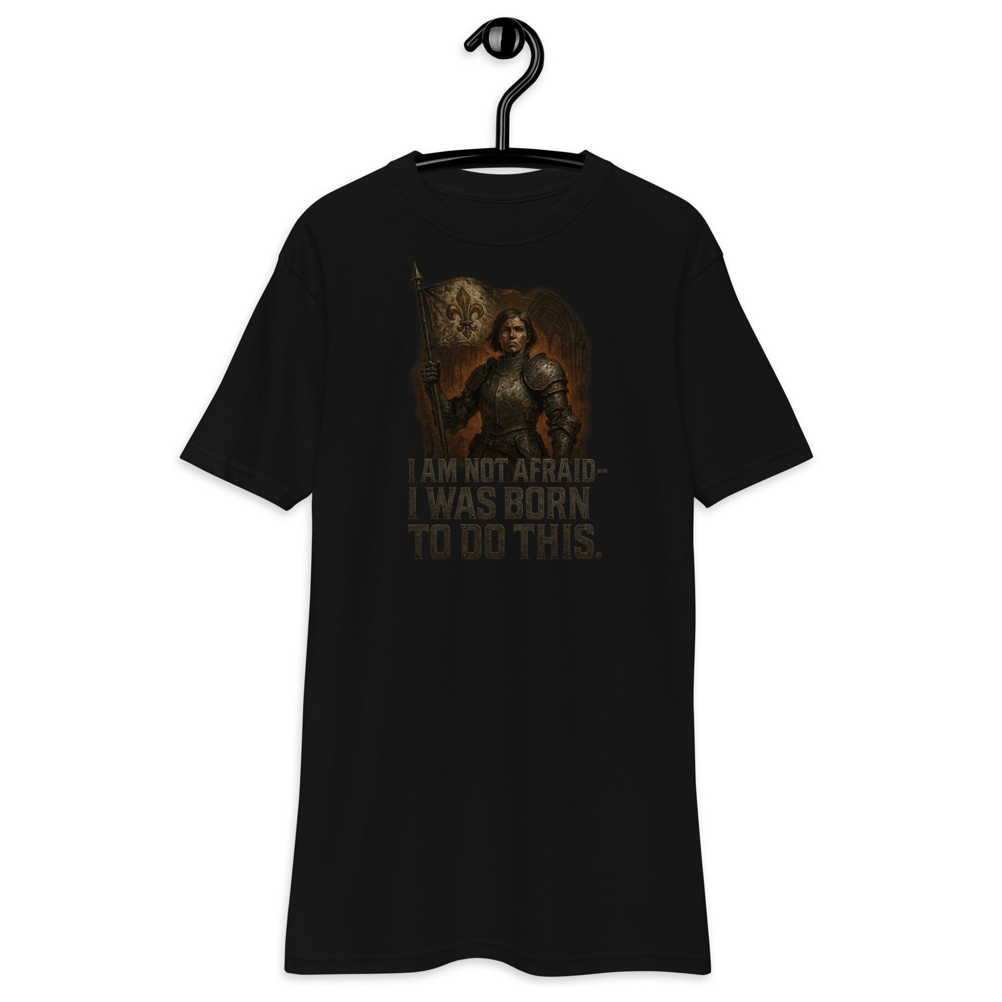 Black men’s premium heavyweight t-shirt with medieval warrior and the quote “I Am Not Afraid – I Was Born To Do This” in bold lettering.