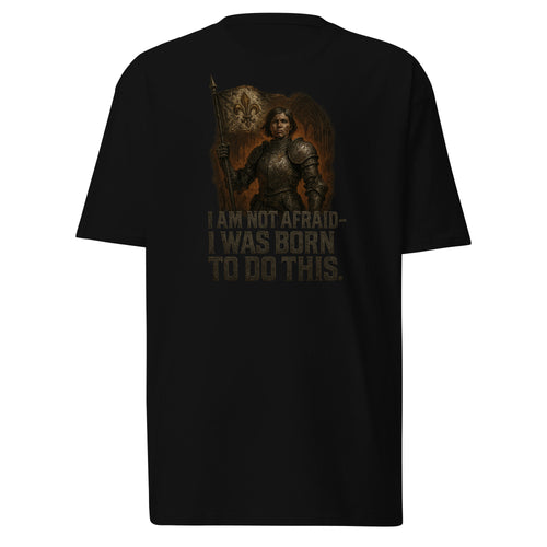 Black men’s premium heavyweight t-shirt with medieval warrior and the quote “I Am Not Afraid – I Was Born To Do This” in bold lettering.