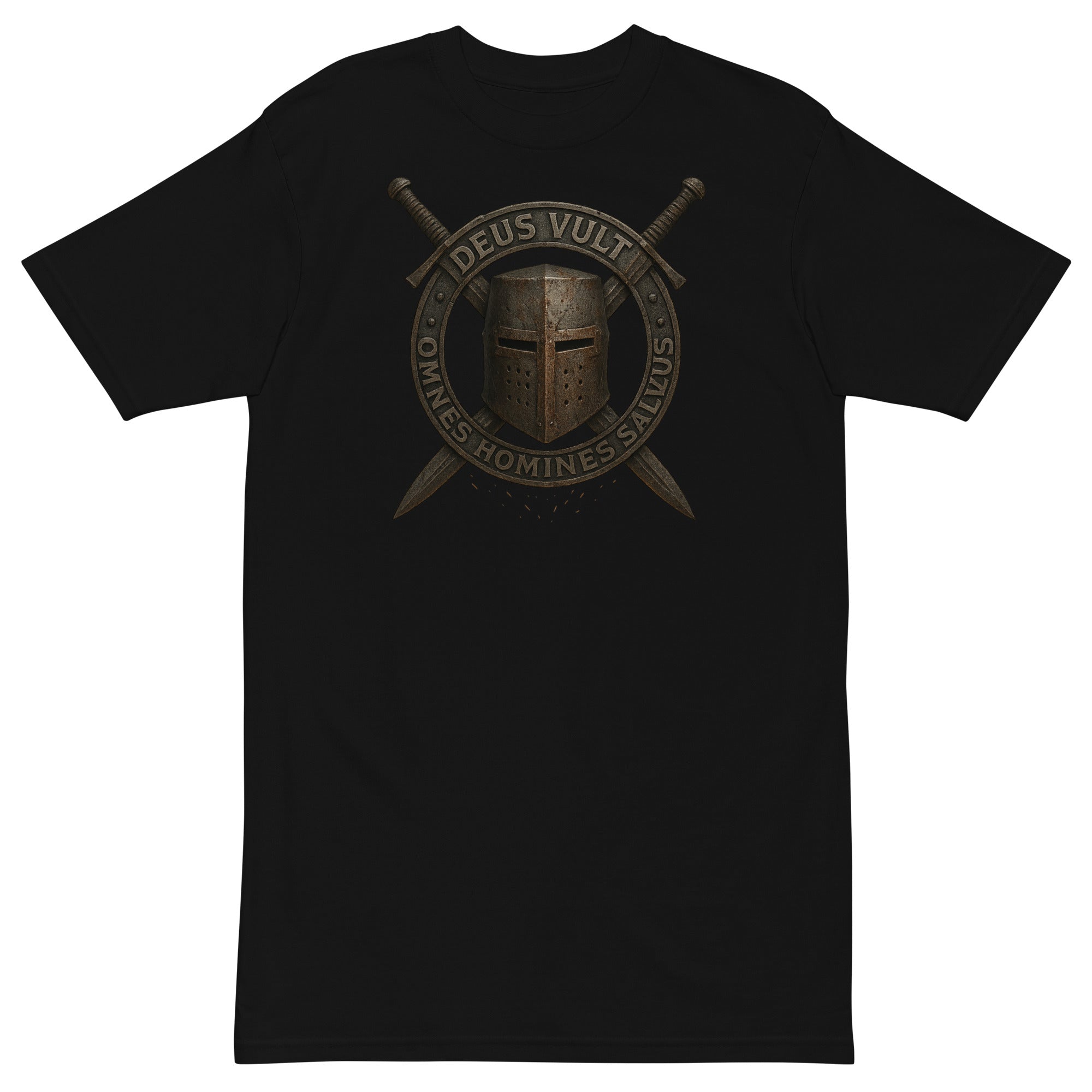 Black men’s premium heavyweight t-shirt with Deus Vult Knight’s Crest design featuring medieval helmet and crossed swords, Cotton Heritage.