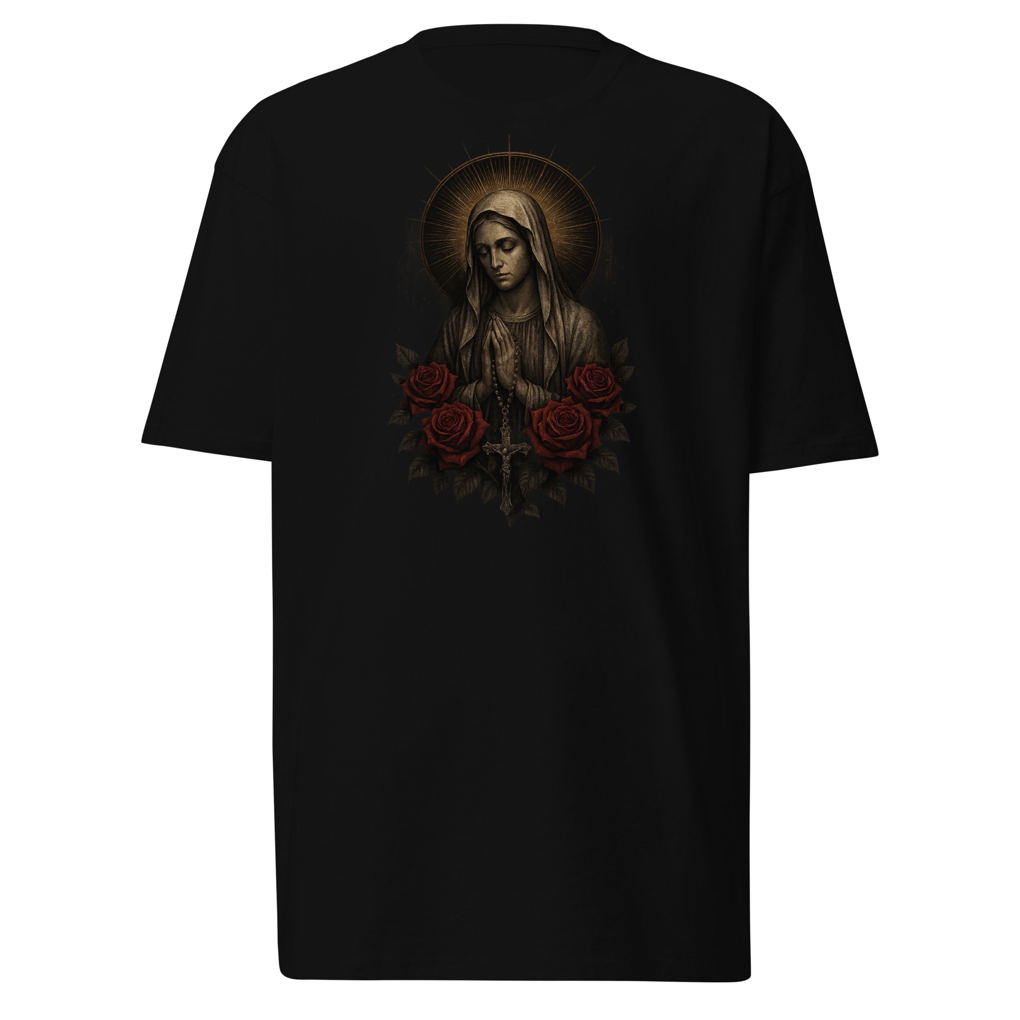 Black premium heavyweight t-shirt with illustrated Our Lady of Sorrows praying, surrounded by red roses and golden halo.