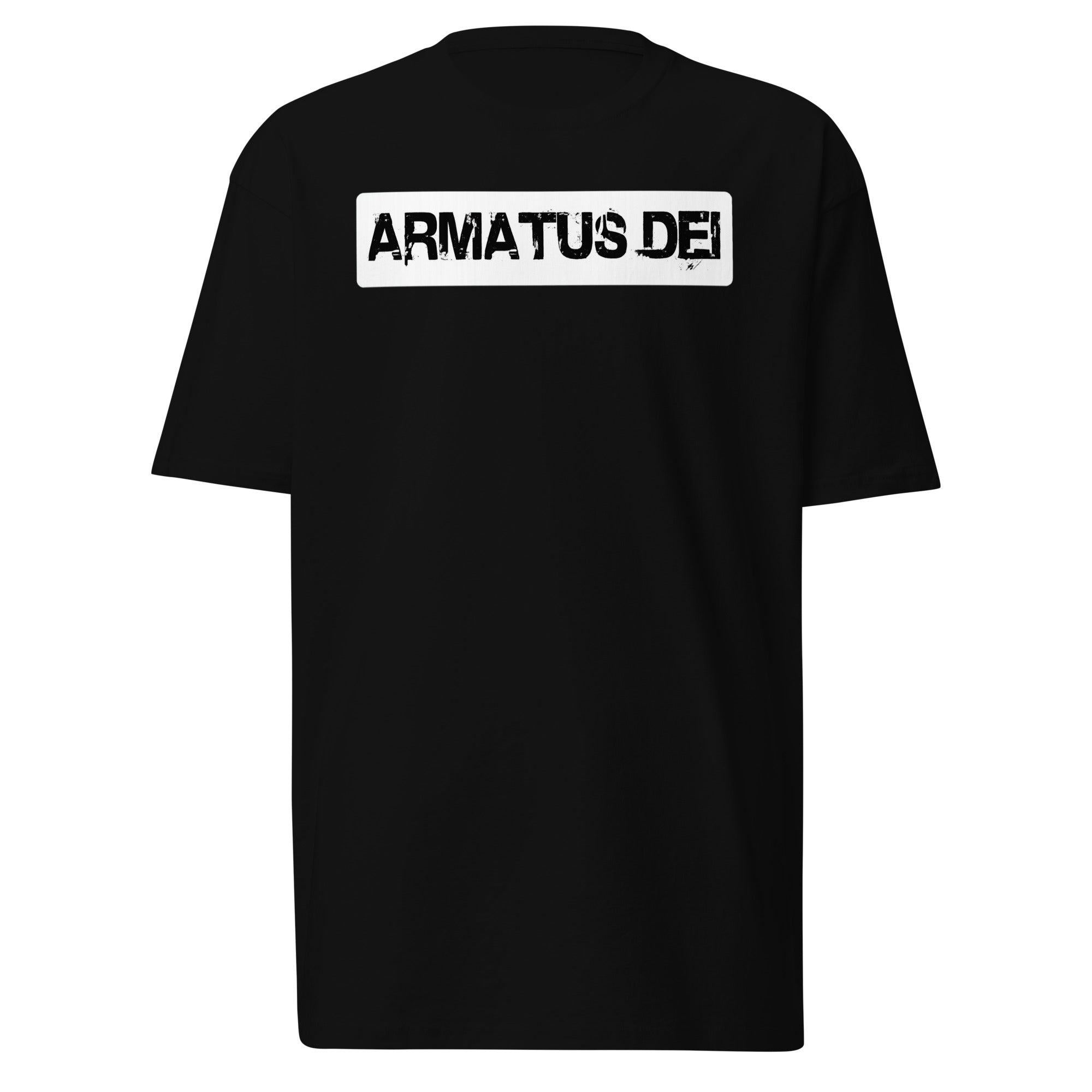 Black Armatus Dei logo t-shirt with bold distressed white lettering on the front, men’s premium heavyweight Cotton Heritage tee.