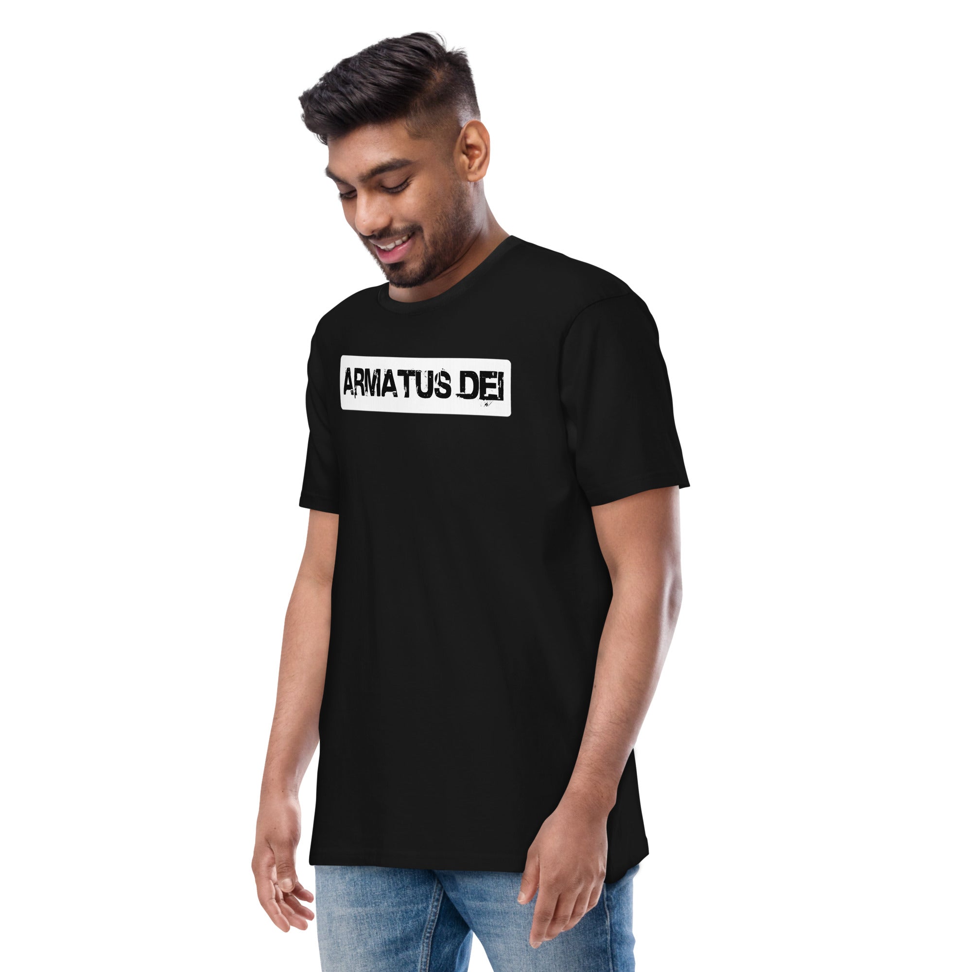 Black Armatus Dei logo t-shirt with bold distressed white lettering on the front, men’s premium heavyweight Cotton Heritage tee.