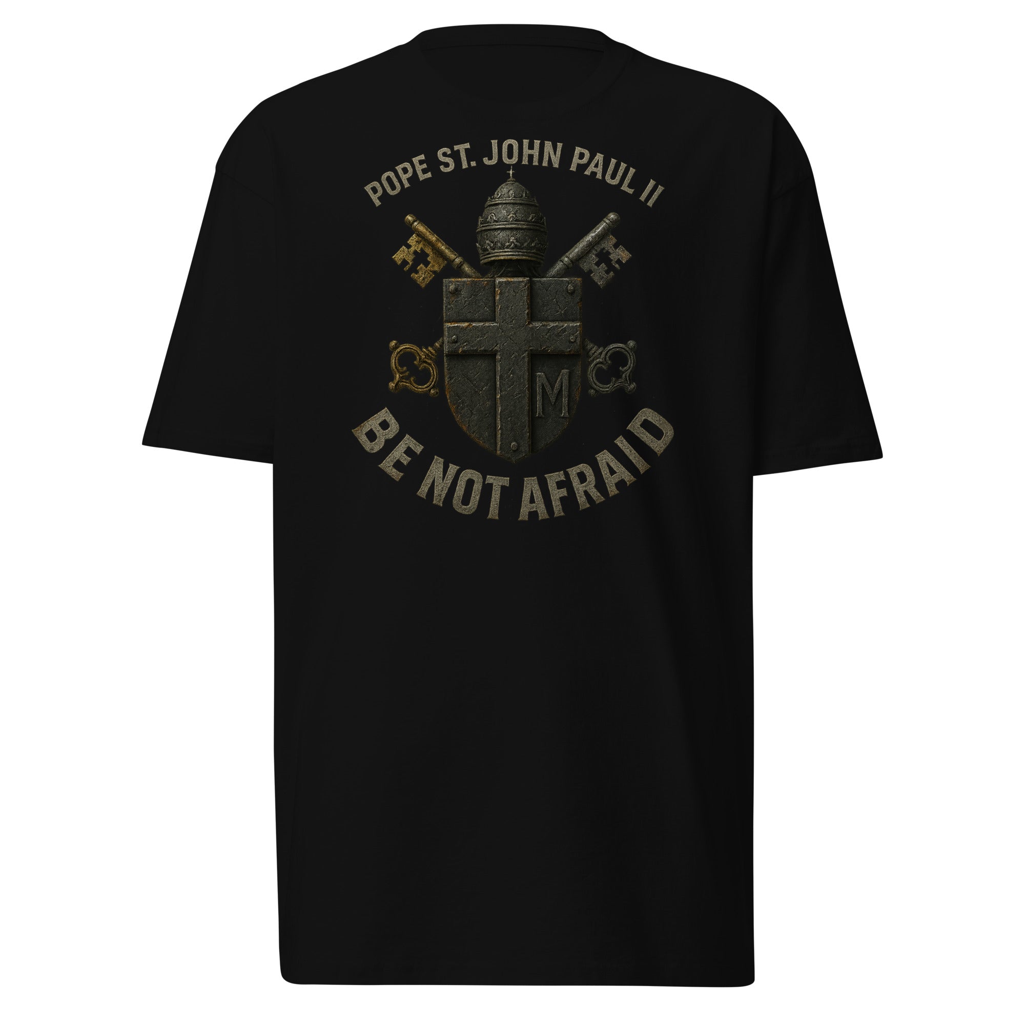 Black Pope St. John Paul II "Be Not Afraid" men's Catholic T-shirt with papal tiara, crossed keys, and cross shield design.