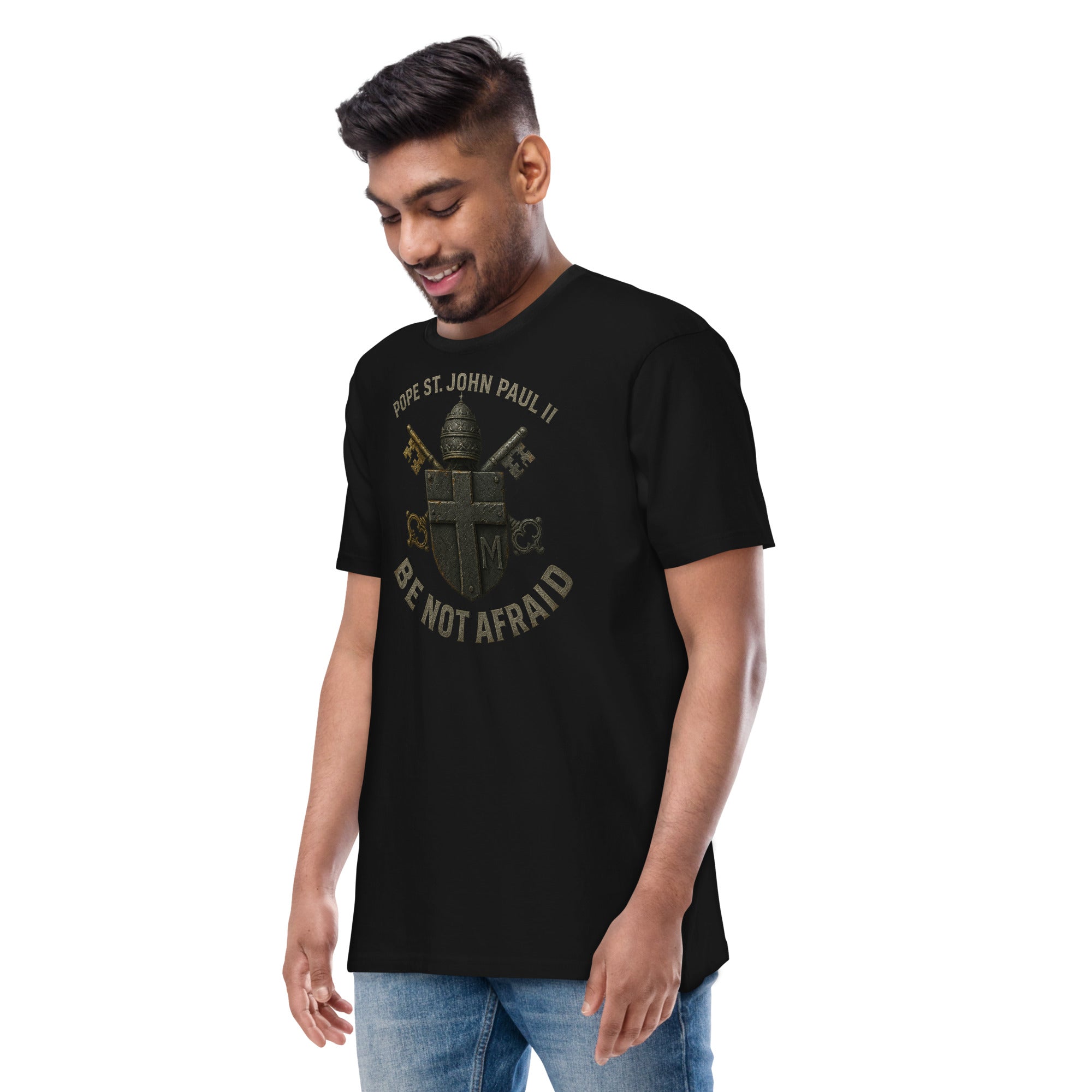 Black Pope St. John Paul II "Be Not Afraid" men's Catholic T-shirt with papal tiara, crossed keys, and cross shield design.
