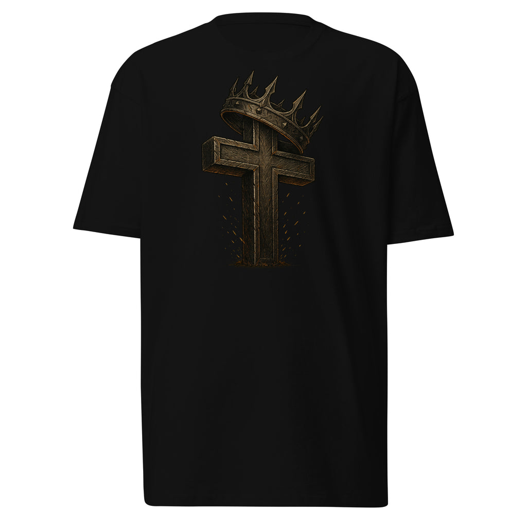 Black Catholic men’s t-shirt featuring a bold wooden cross crowned with thorns and a metal crown, symbolizing Christ’s victory and sacrifice.