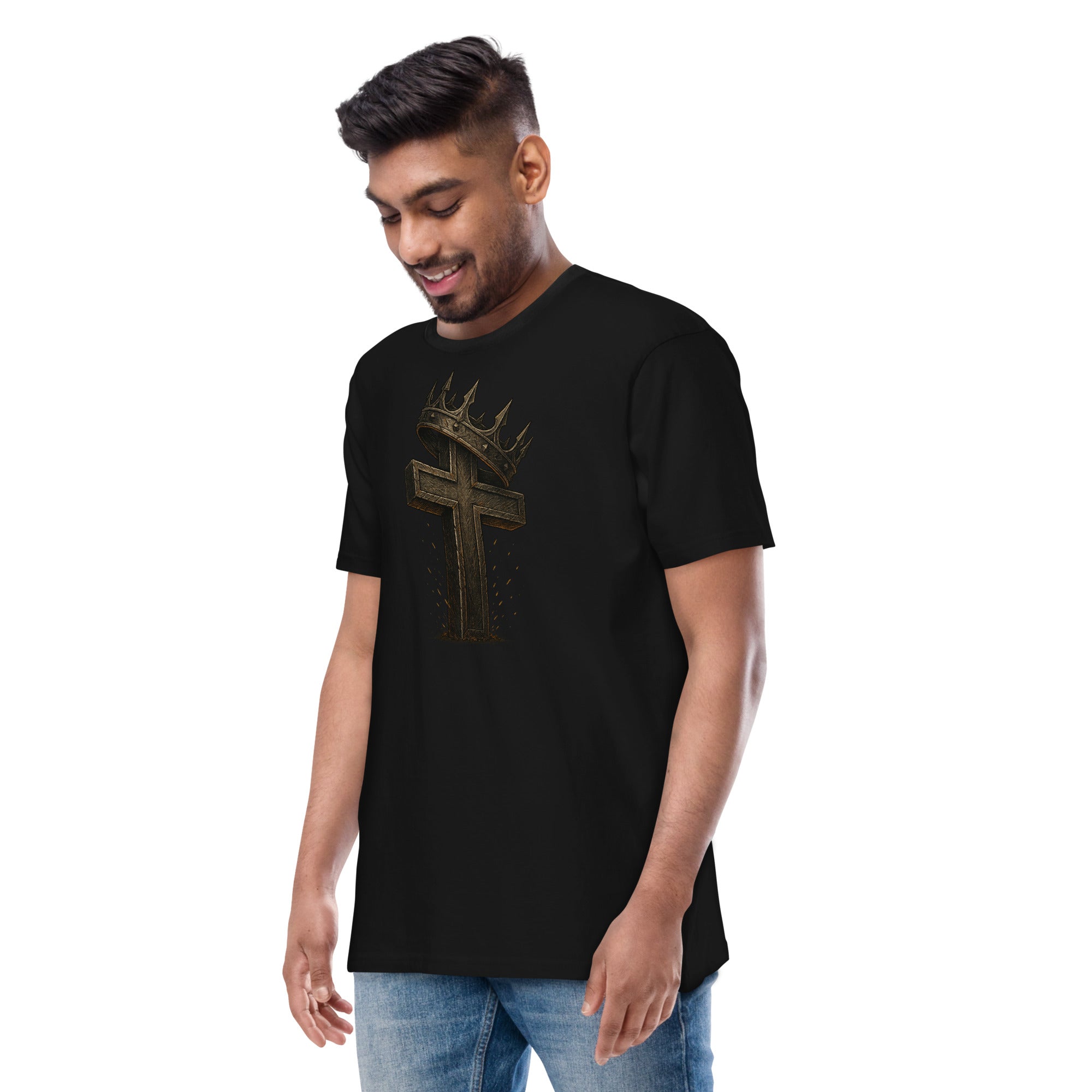 Black Catholic men’s t-shirt featuring a bold wooden cross crowned with thorns and a metal crown, symbolizing Christ’s victory and sacrifice.
