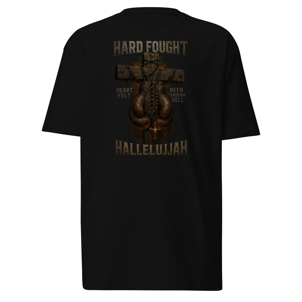 “Hard Fought Hallelujah Christian T-Shirt with boxing gloves on cross design — men’s premium heavyweight faith apparel.”