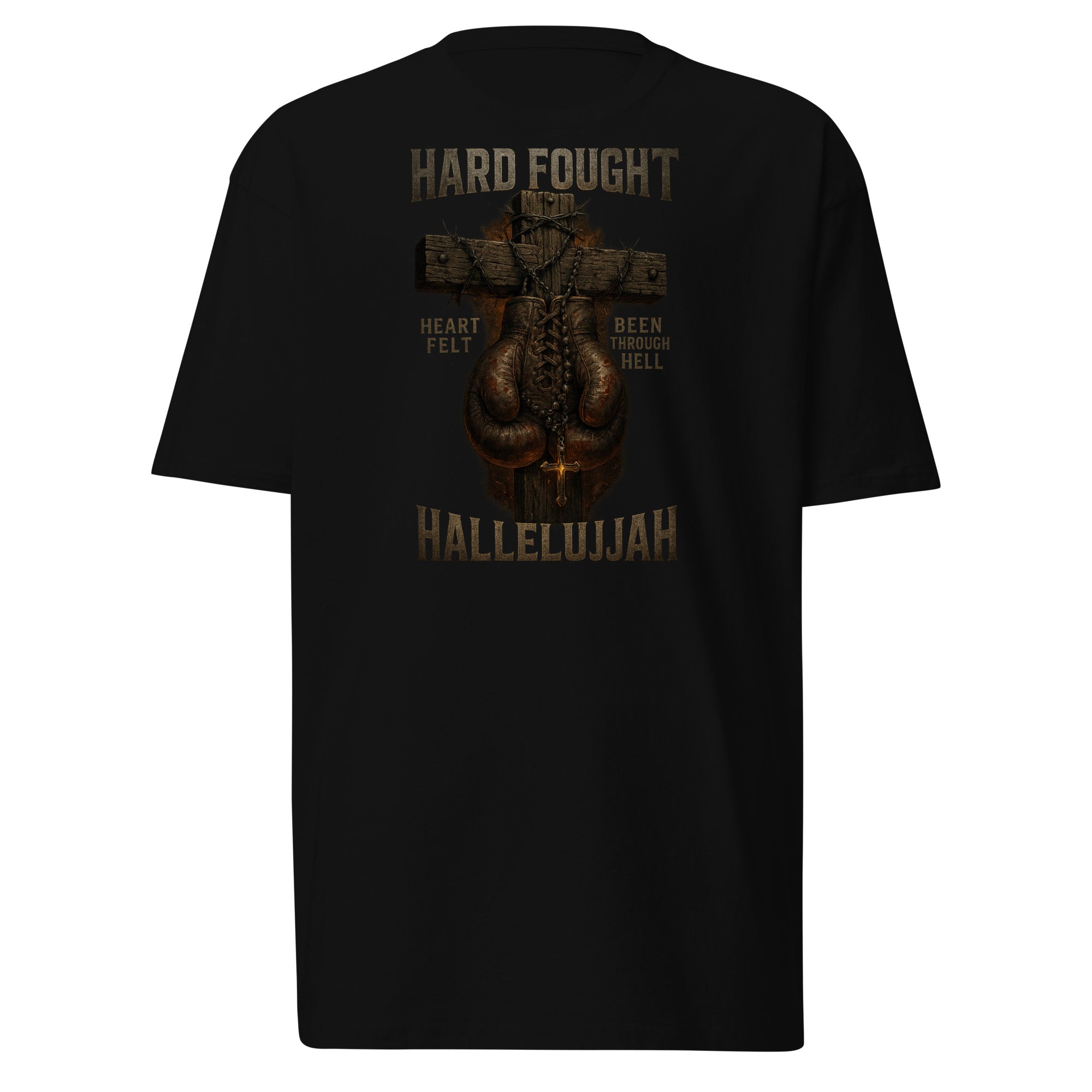 “Hard Fought Hallelujah Christian T-Shirt with boxing gloves on cross design — men’s premium heavyweight faith apparel.”