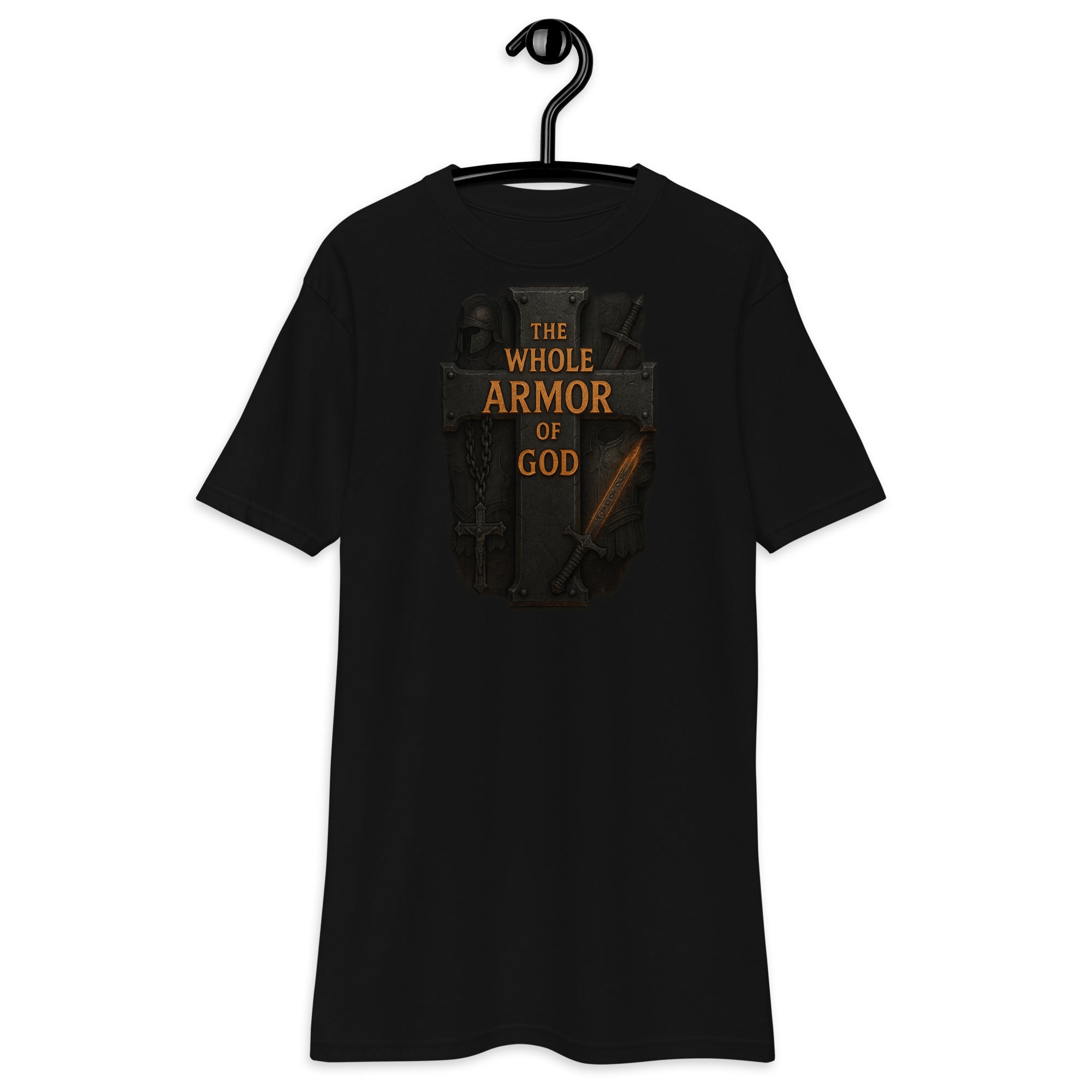 "Men’s black premium t-shirt with medieval cross and weapons design featuring the text ‘The Whole Armor of God’"