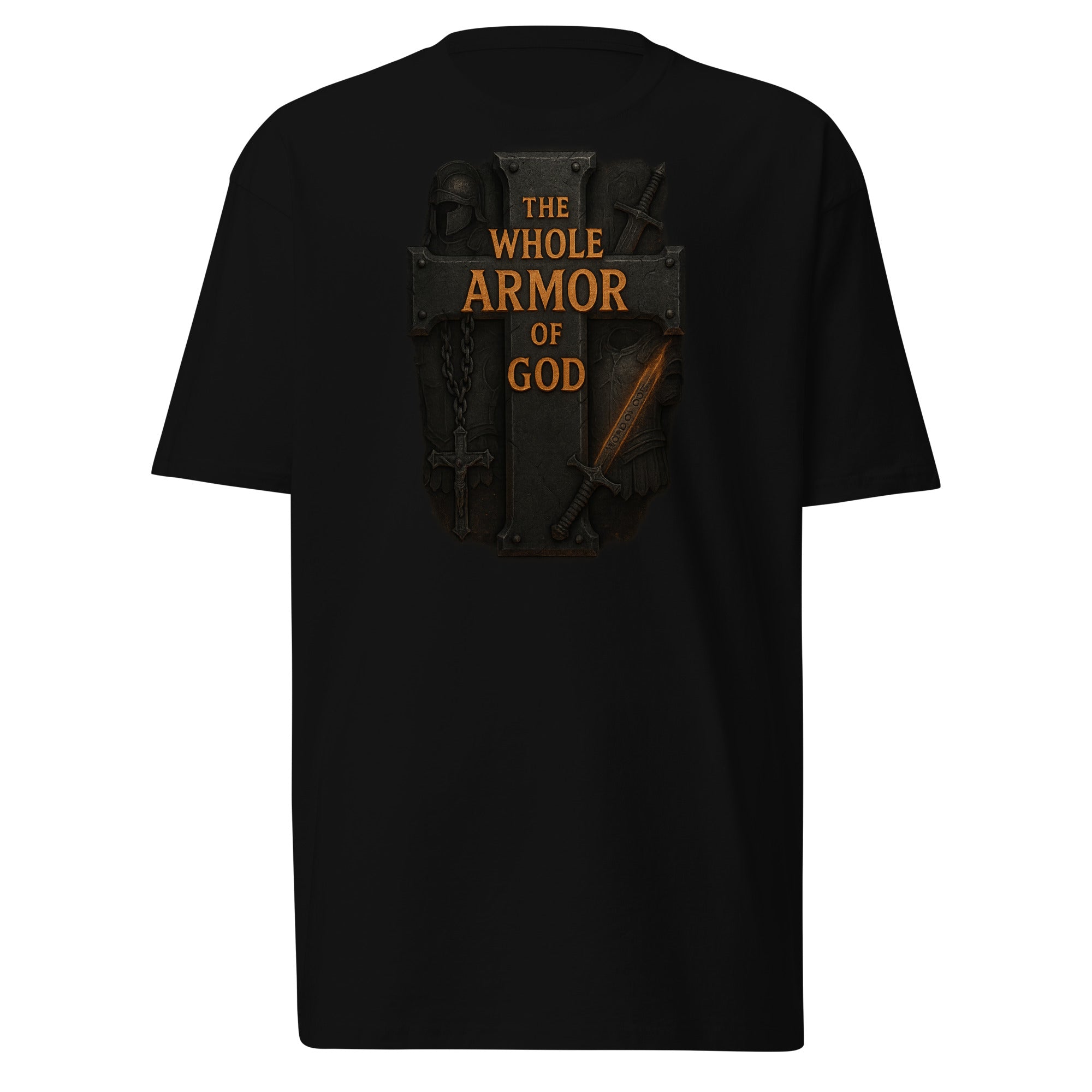 "Men’s black premium t-shirt with medieval cross and weapons design featuring the text ‘The Whole Armor of God’"