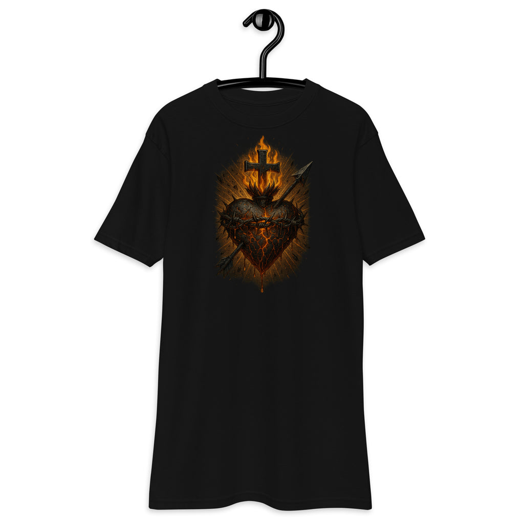"Men’s premium heavyweight t-shirt featuring the Sacred Heart of Jesus design with flaming heart, cross, and lance – Catholic faith apparel."
