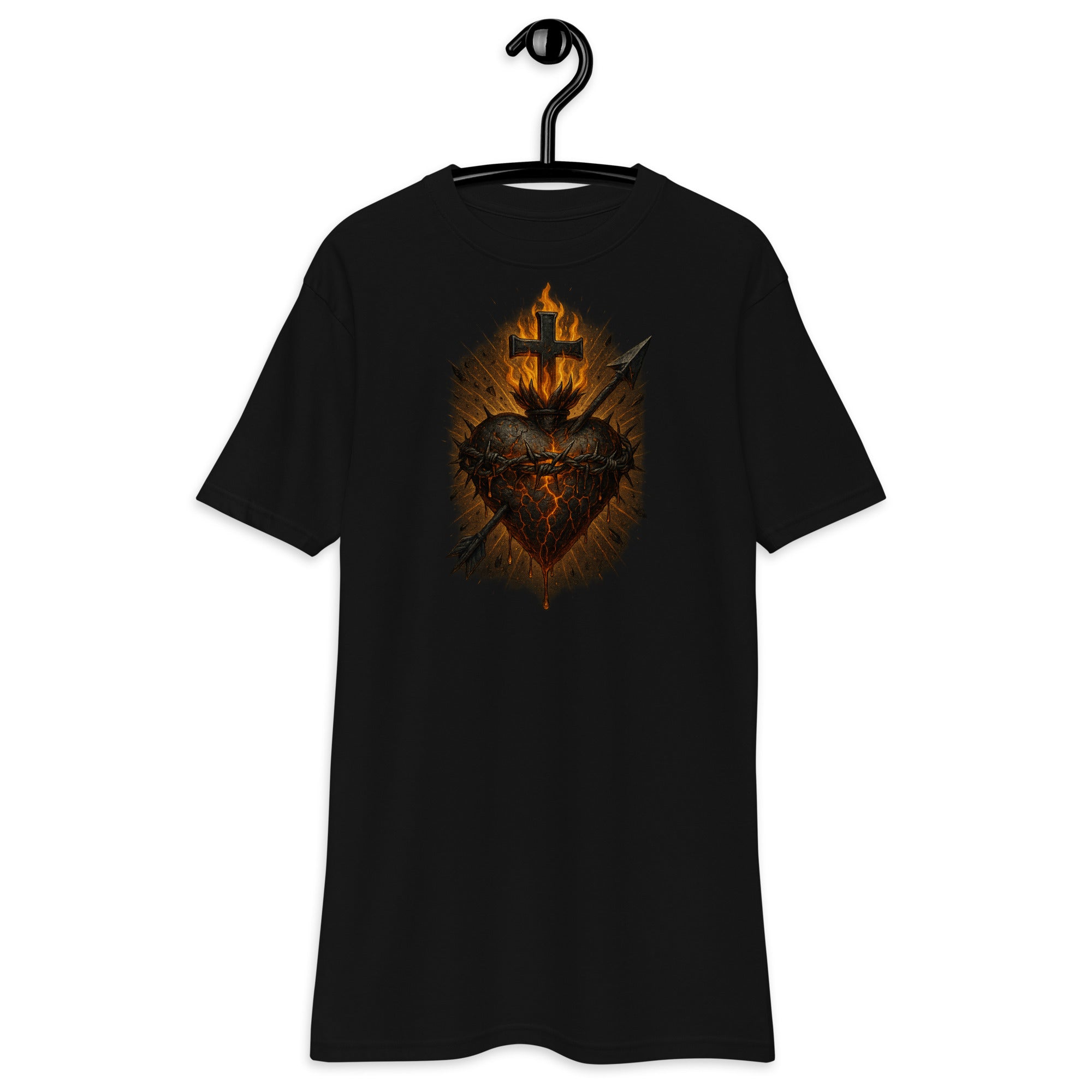 "Men’s premium heavyweight t-shirt featuring the Sacred Heart of Jesus design with flaming heart, cross, and lance – Catholic faith apparel."
