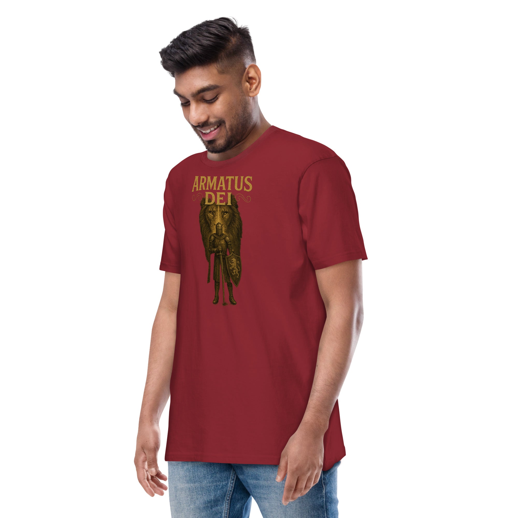 Armatus Dei Christian T-Shirt – Lion and Knight Graphic | Cotton Heritage Tee