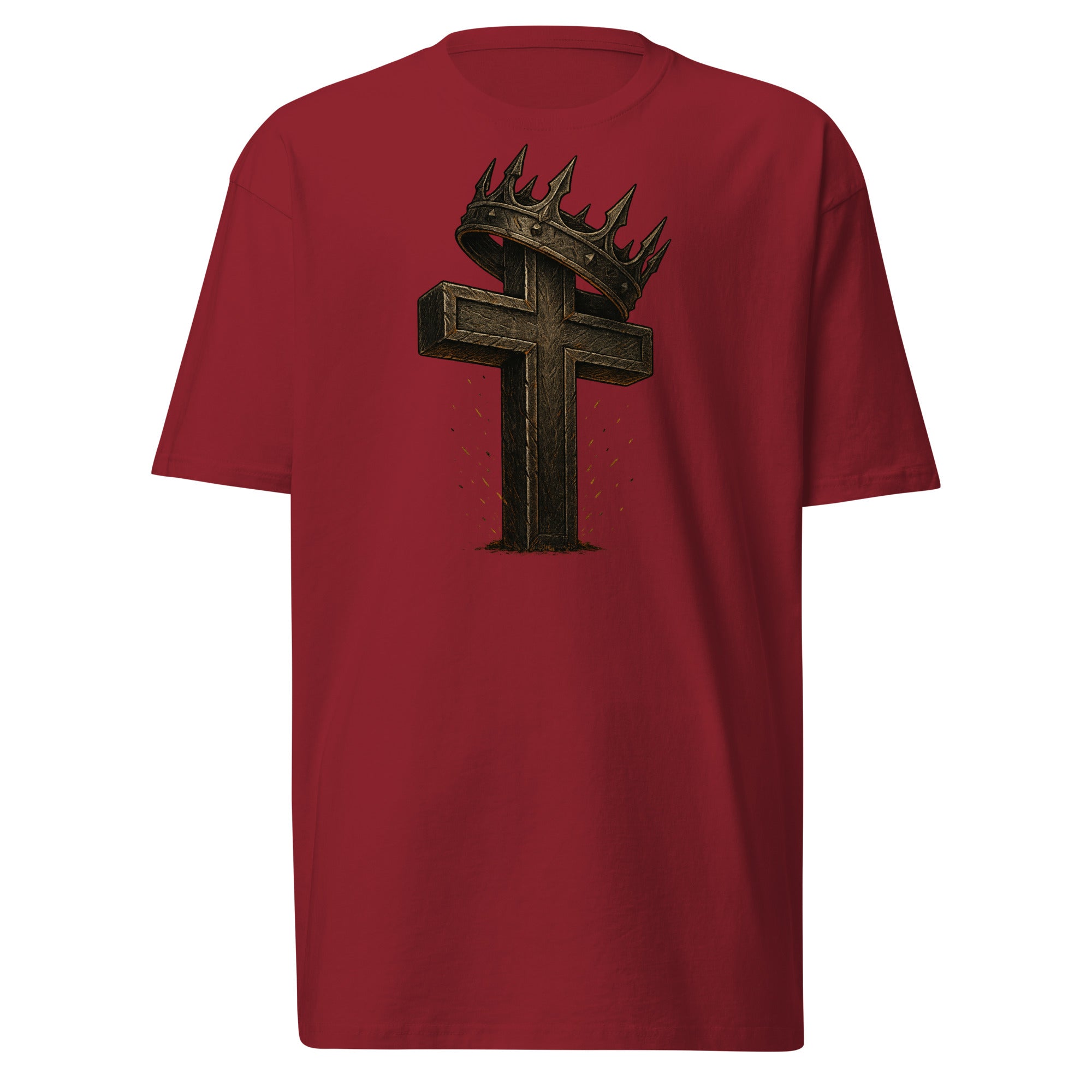 Red Catholic men’s t-shirt featuring a bold wooden cross crowned with thorns and a metal crown, symbolizing Christ’s victory and sacrifice.