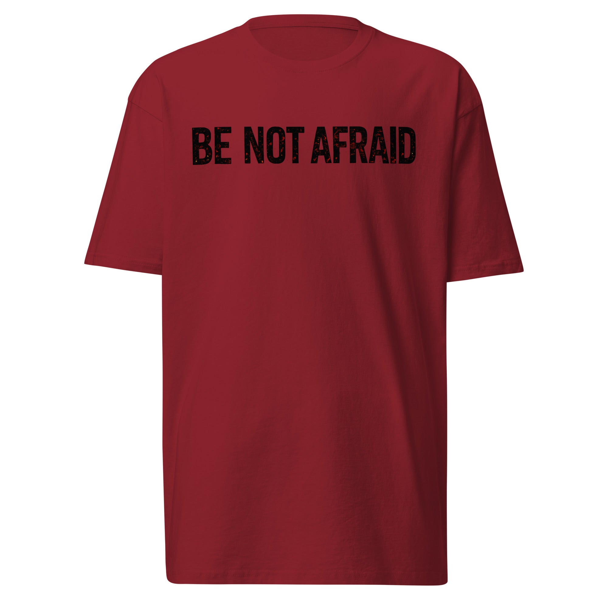 “Be Not Afraid T-Shirt for Men – Christian Premium Cotton Heritage Tee in brick red with bold faith typography”